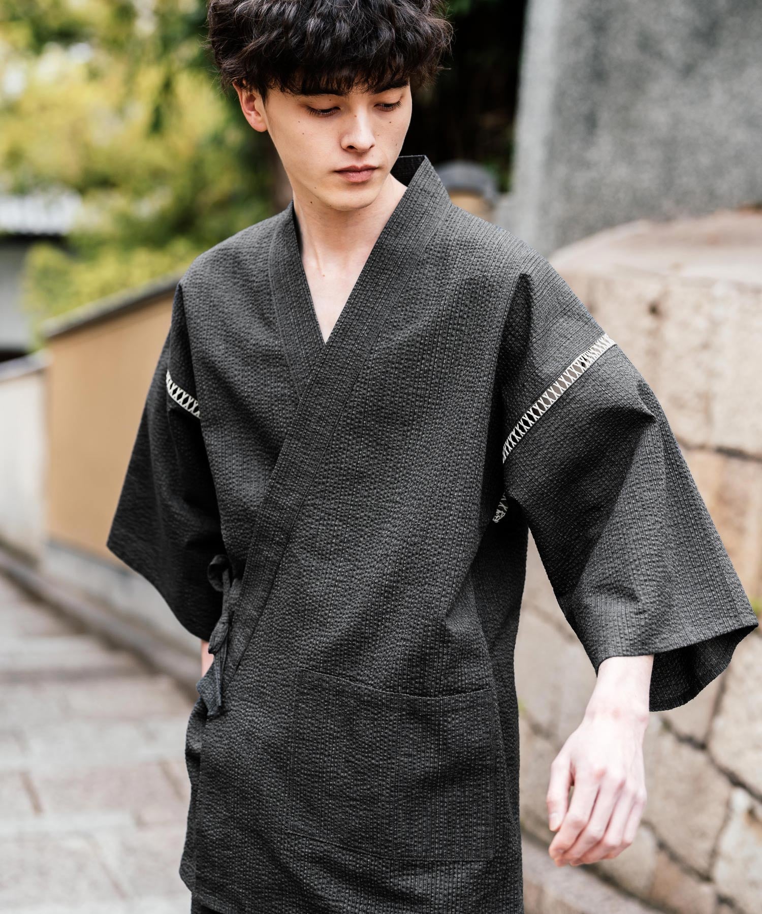 しじら織り甚平 上下セット 無地/ストライプ 14156