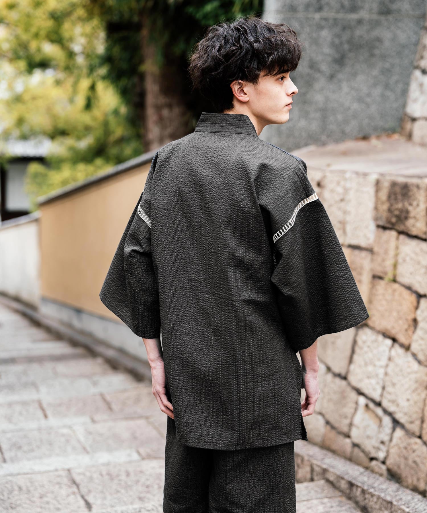 しじら織り甚平 上下セット 無地/ストライプ 14156