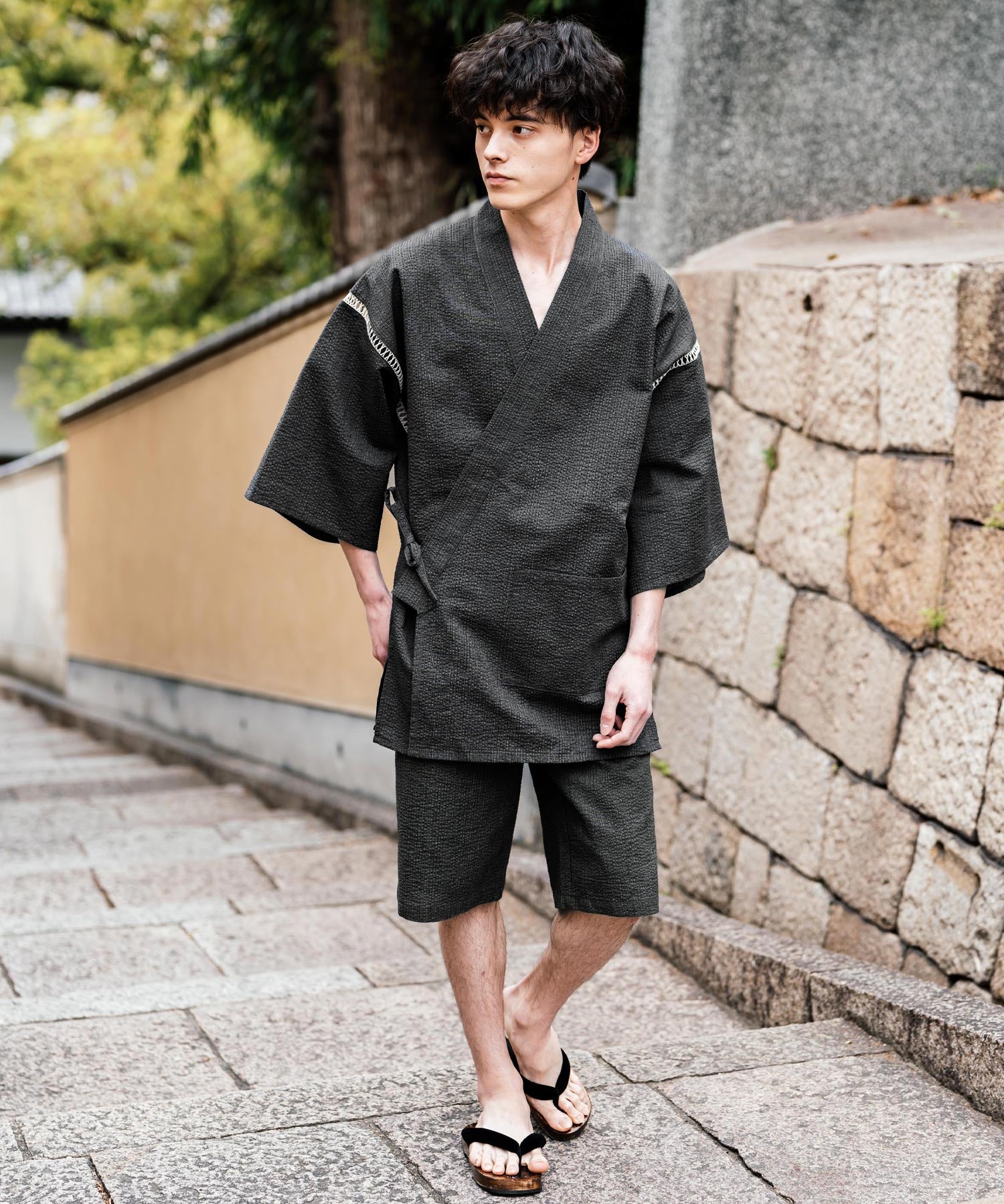 しじら織り甚平 上下セット 無地/ストライプ 14156