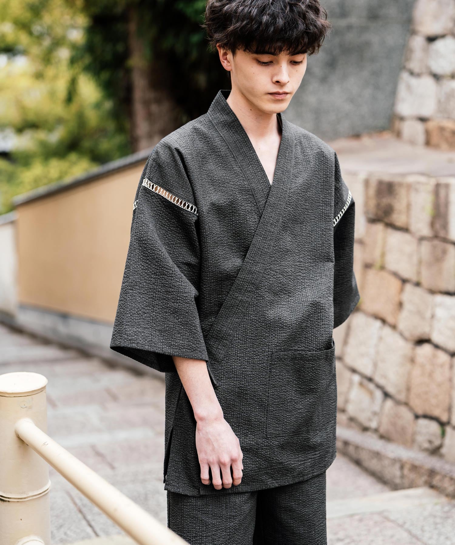 しじら織り甚平 上下セット 無地/ストライプ 14156