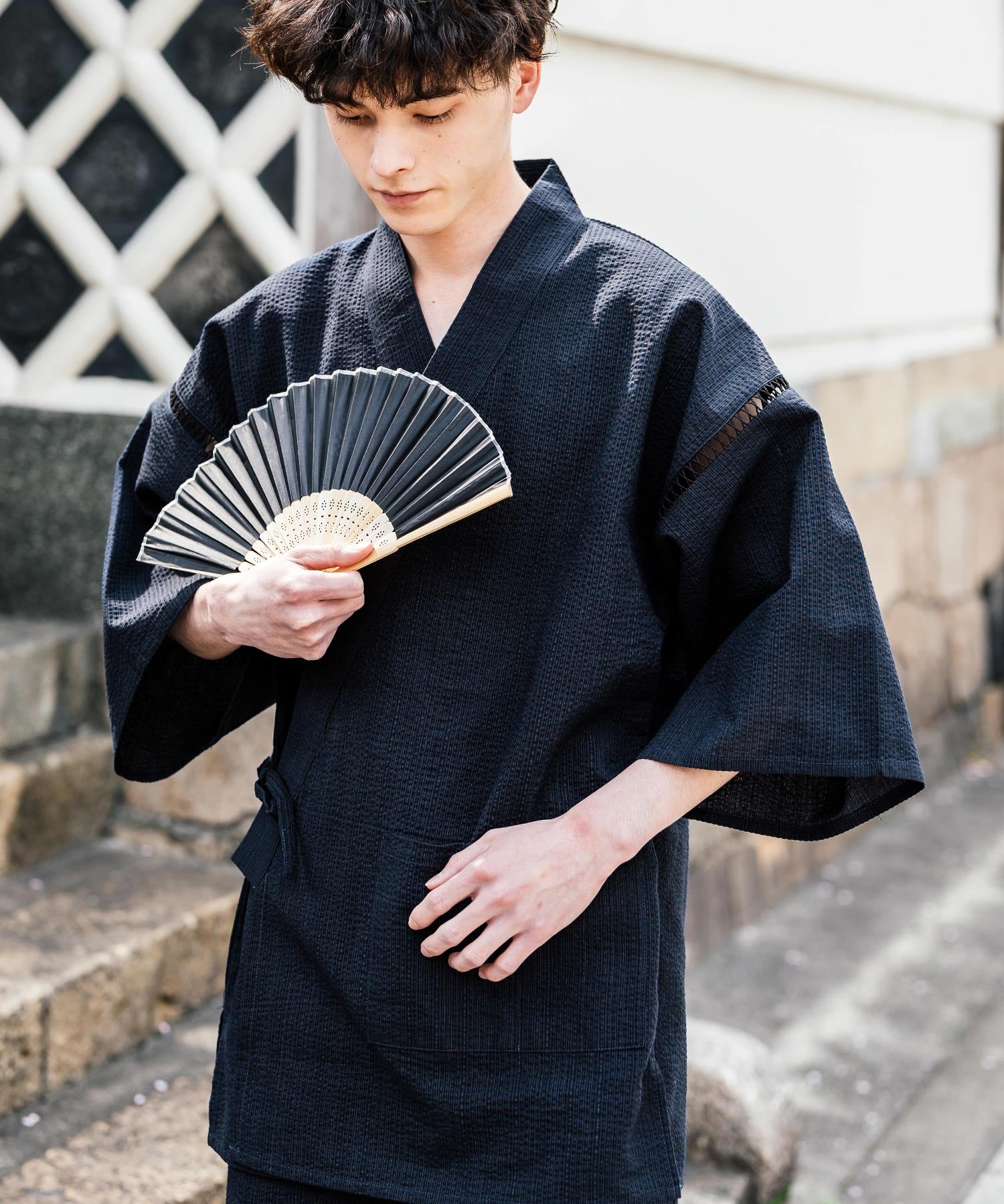 しじら織り甚平 上下セット 無地/ストライプ 14156