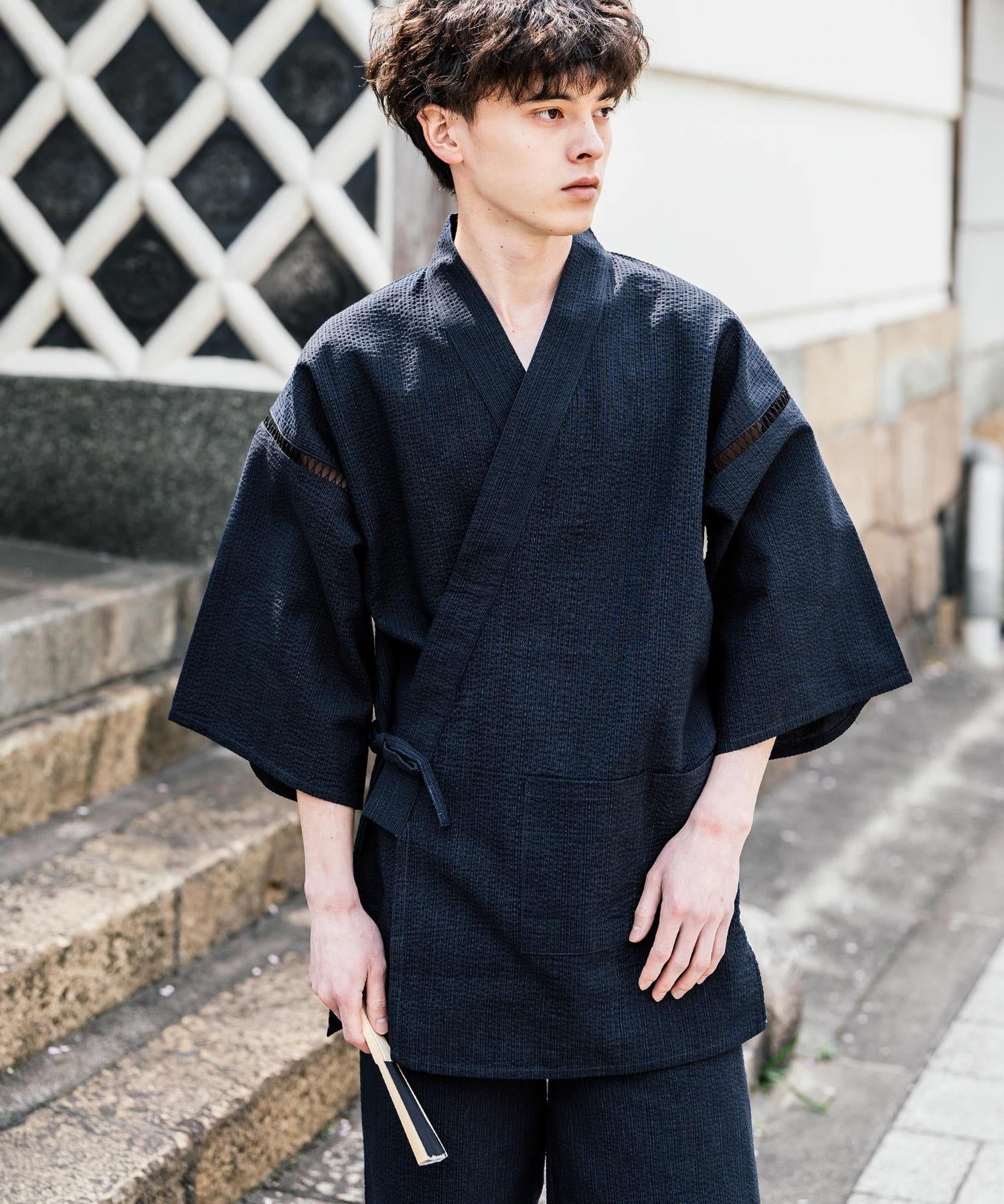 しじら織り甚平 上下セット 無地/ストライプ 14156