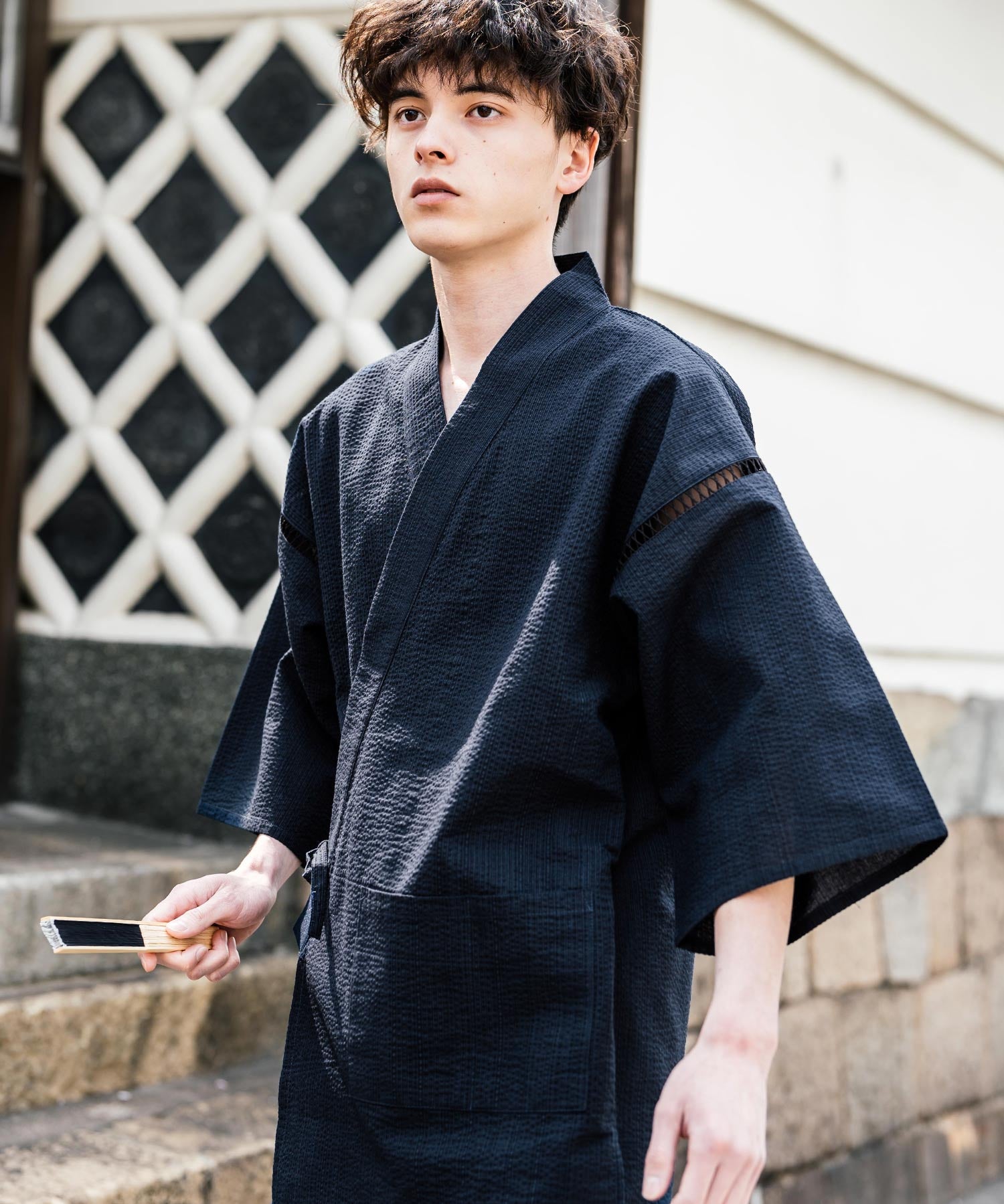 しじら織り甚平 上下セット 無地/ストライプ 14156