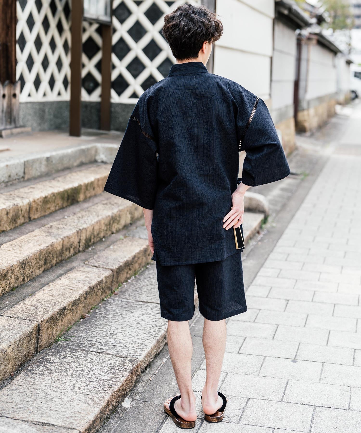 しじら織り甚平 上下セット 無地/ストライプ 14156