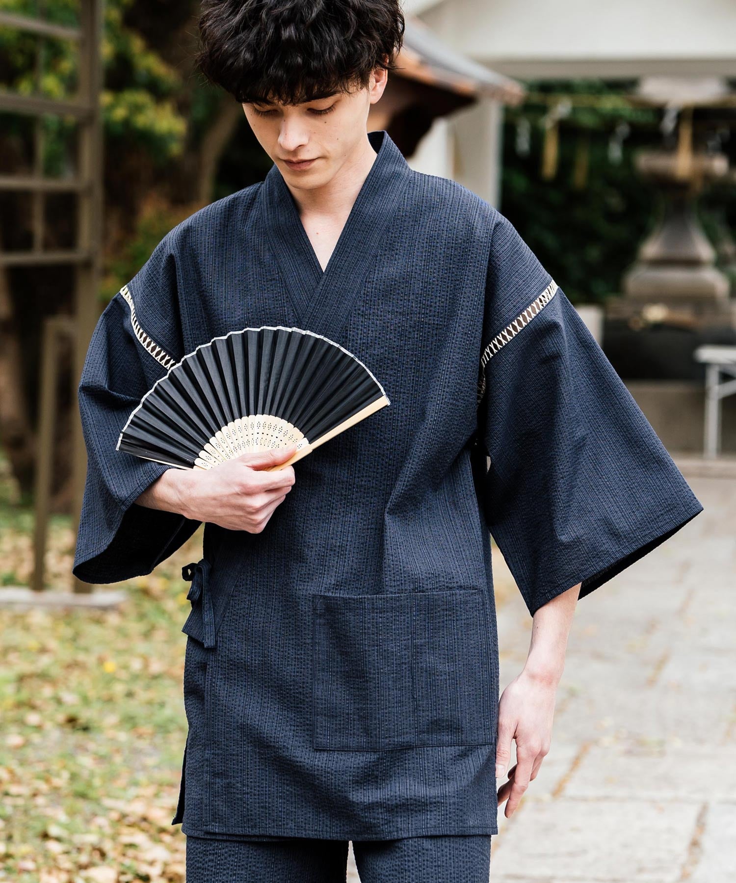 しじら織り甚平 上下セット 無地/ストライプ 14156