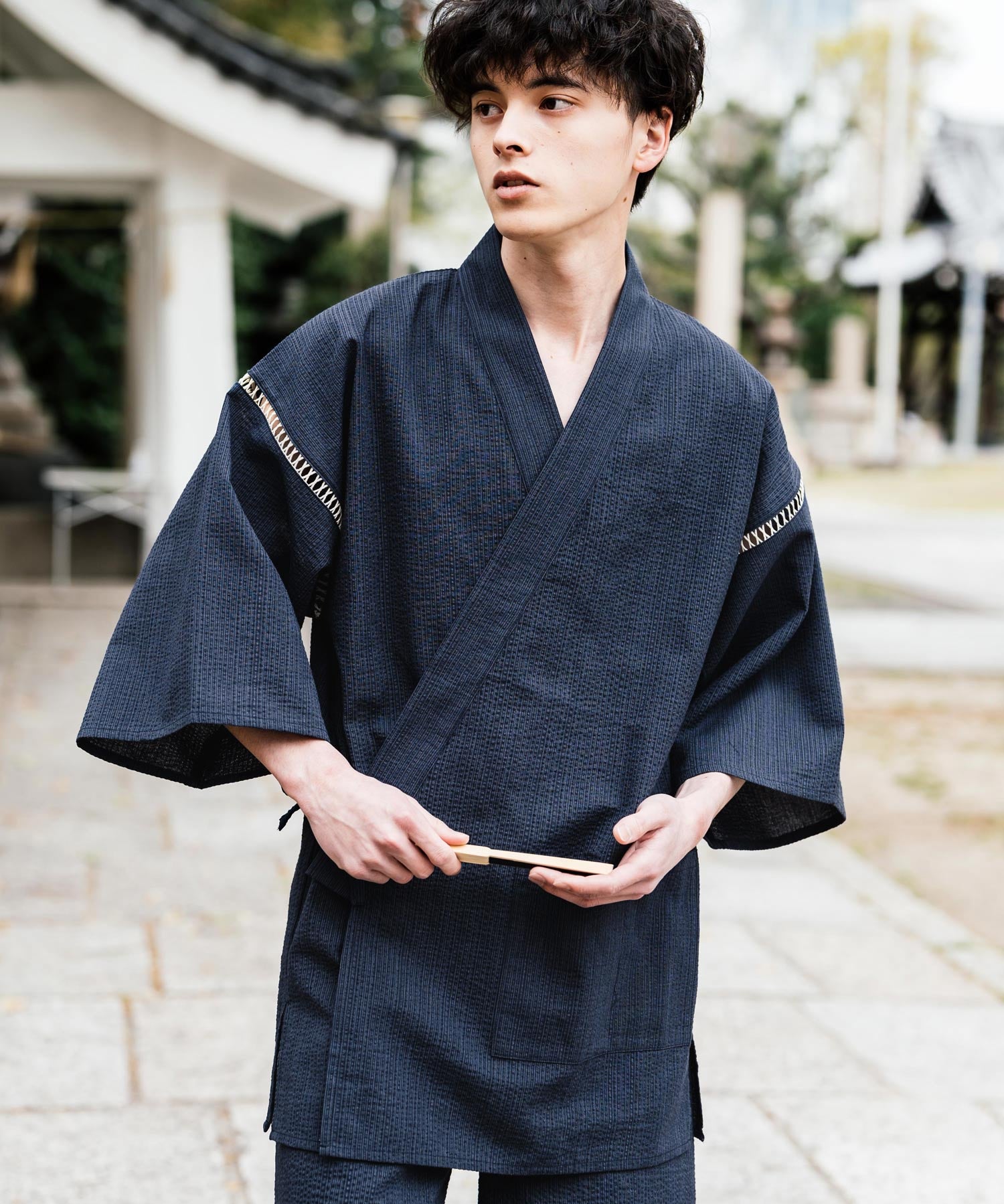 しじら織り甚平 上下セット 無地/ストライプ 14156