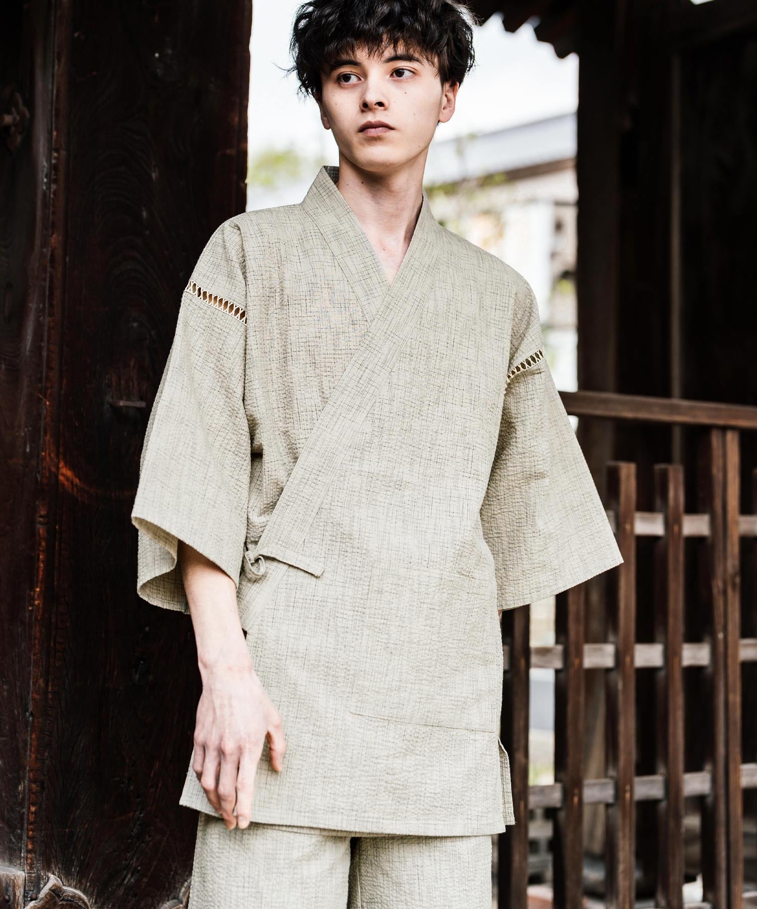 しじら織り甚平 上下セット 無地/ストライプ 14156