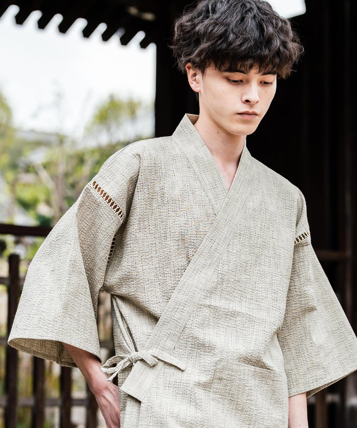 しじら織り甚平 上下セット 無地/ストライプ 14156