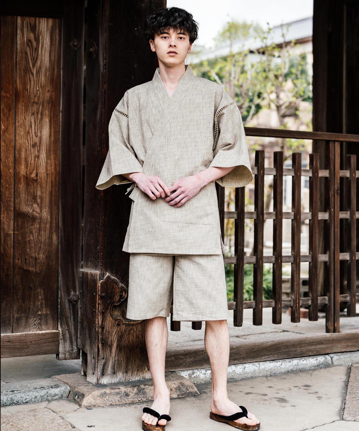 しじら織り甚平 上下セット 無地/ストライプ 14156