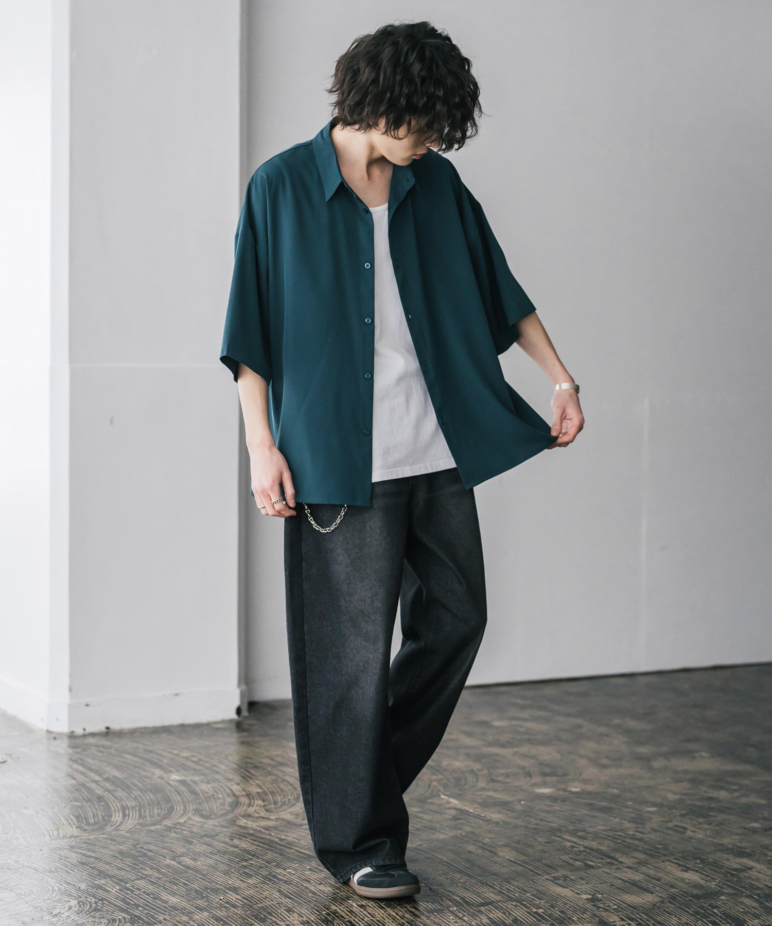 新色追加 接触冷感 オーバーサイズとろみビッグシルエットストレッチレギュラーカラー半袖シャツ 14208