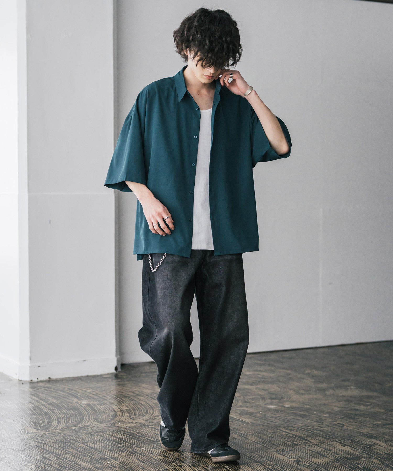 新色追加 接触冷感 オーバーサイズとろみビッグシルエットストレッチレギュラーカラー半袖シャツ 14208