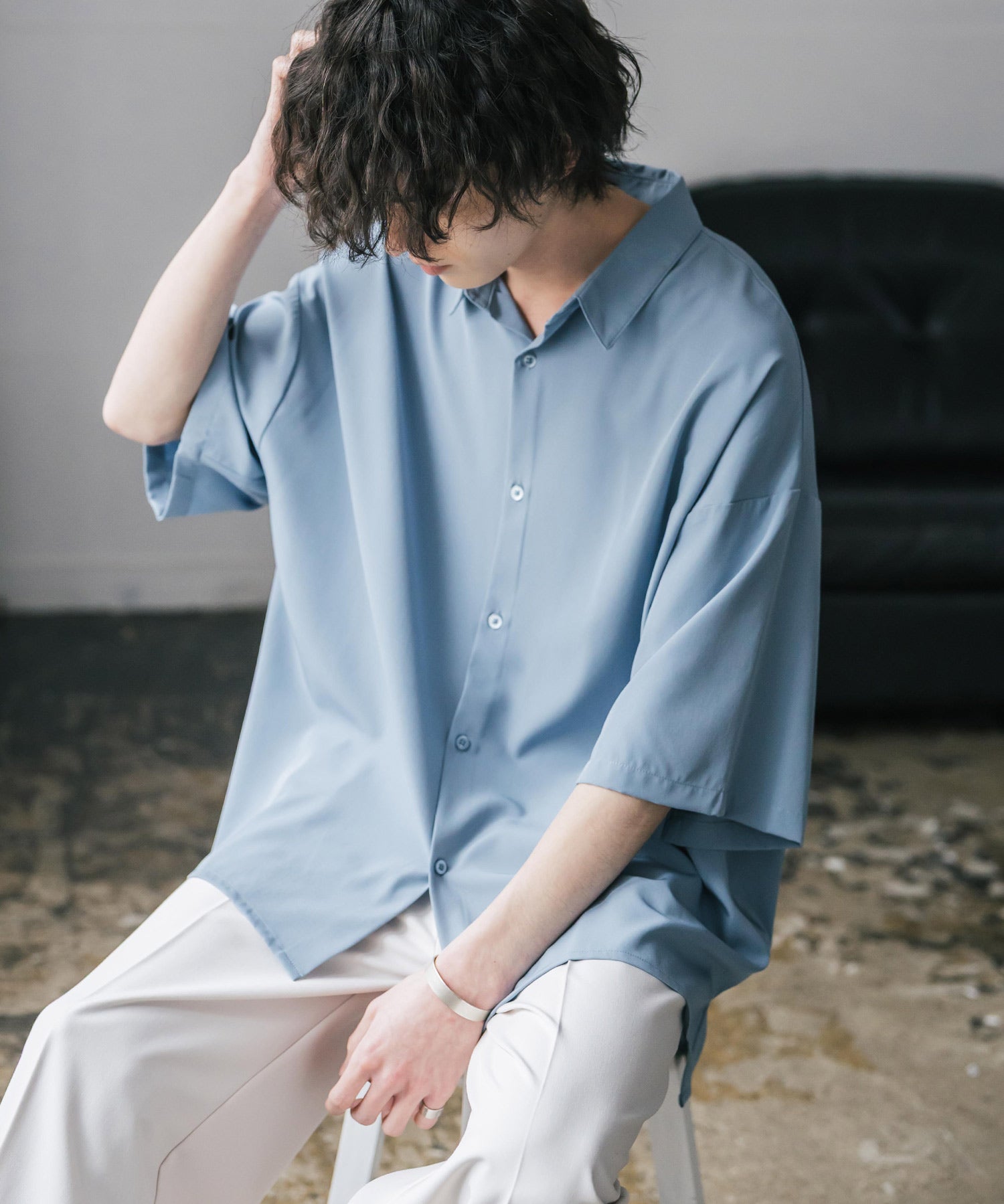 新色追加 接触冷感 オーバーサイズとろみビッグシルエットストレッチレギュラーカラー半袖シャツ 14208