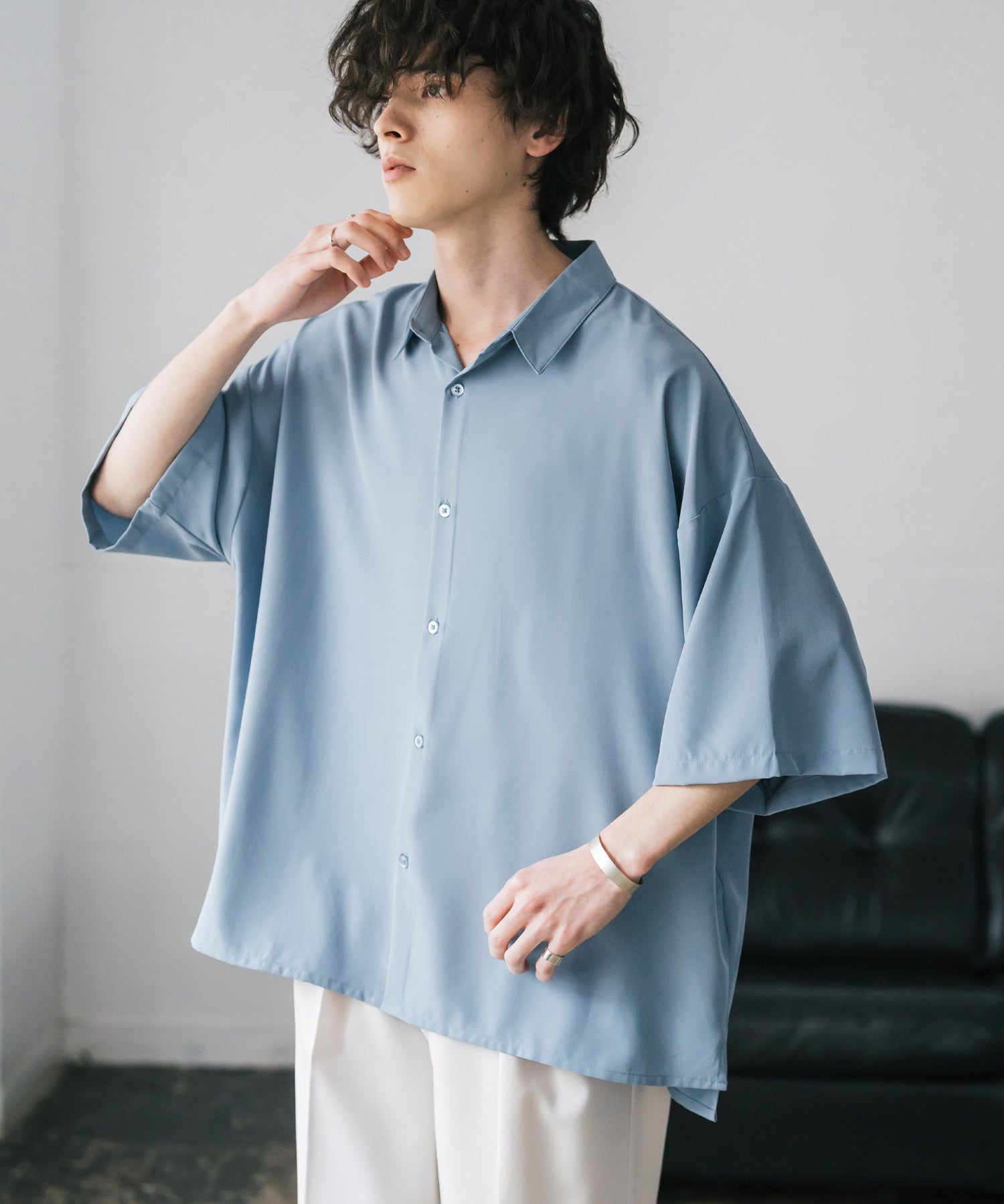 新色追加 接触冷感 オーバーサイズとろみビッグシルエットストレッチレギュラーカラー半袖シャツ 14208