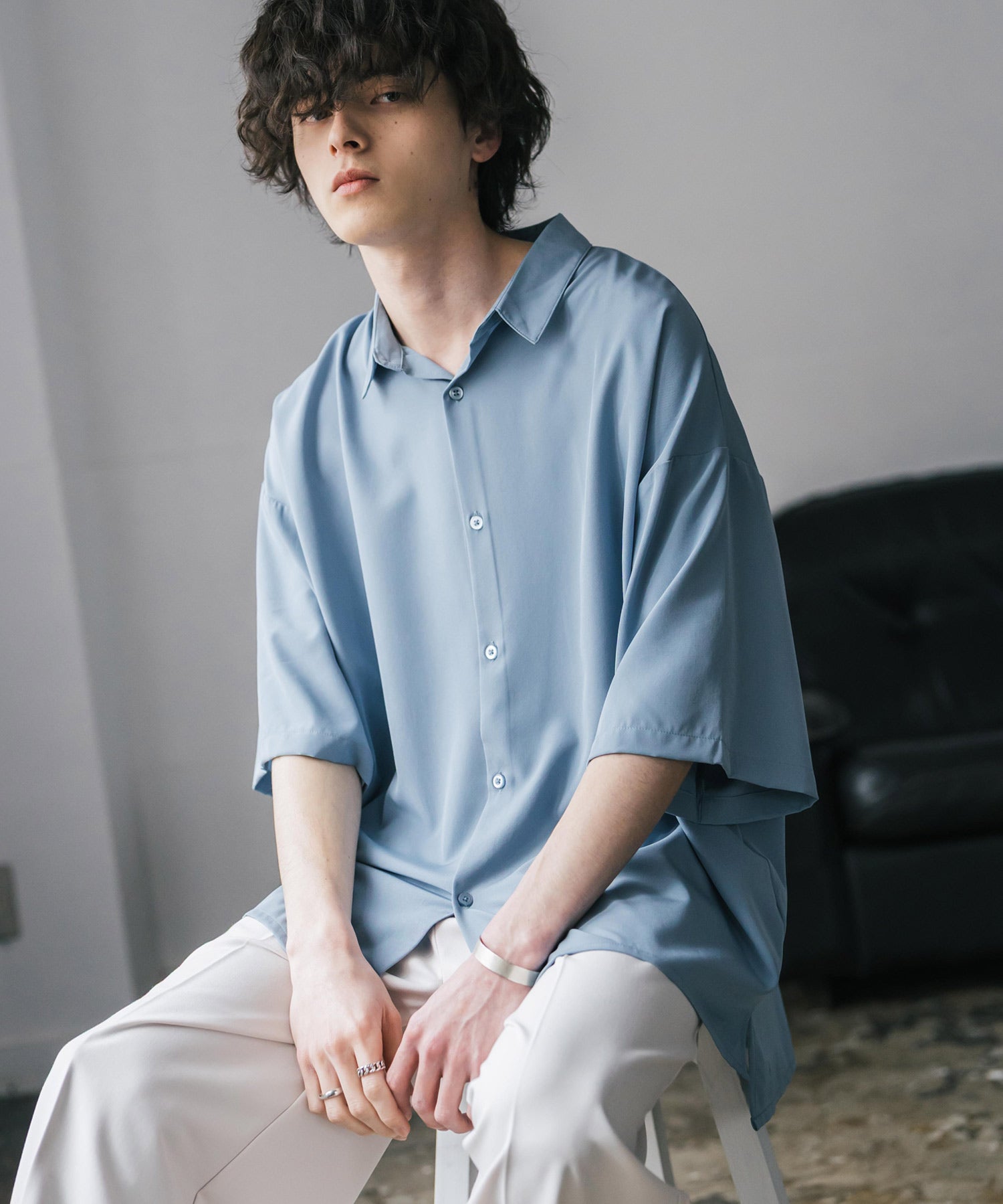 新色追加 接触冷感 オーバーサイズとろみビッグシルエットストレッチレギュラーカラー半袖シャツ 14208