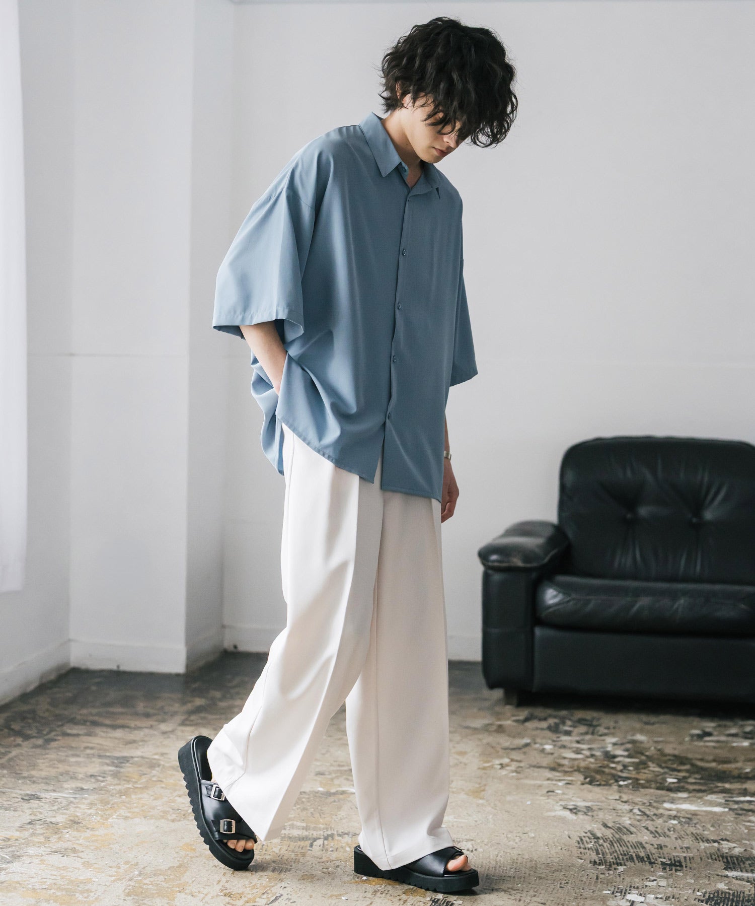 新色追加 接触冷感 オーバーサイズとろみビッグシルエットストレッチレギュラーカラー半袖シャツ 14208