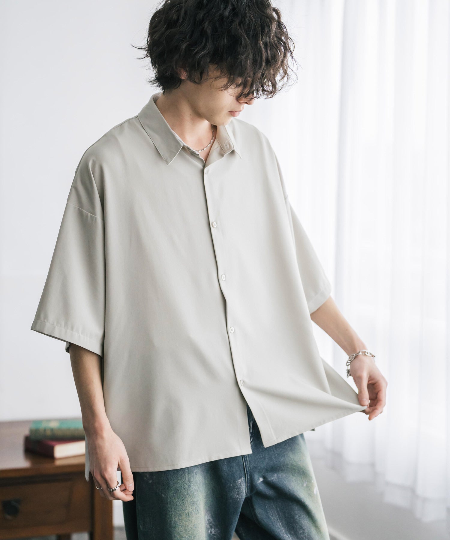 新色追加 接触冷感 オーバーサイズとろみビッグシルエットストレッチレギュラーカラー半袖シャツ 14208