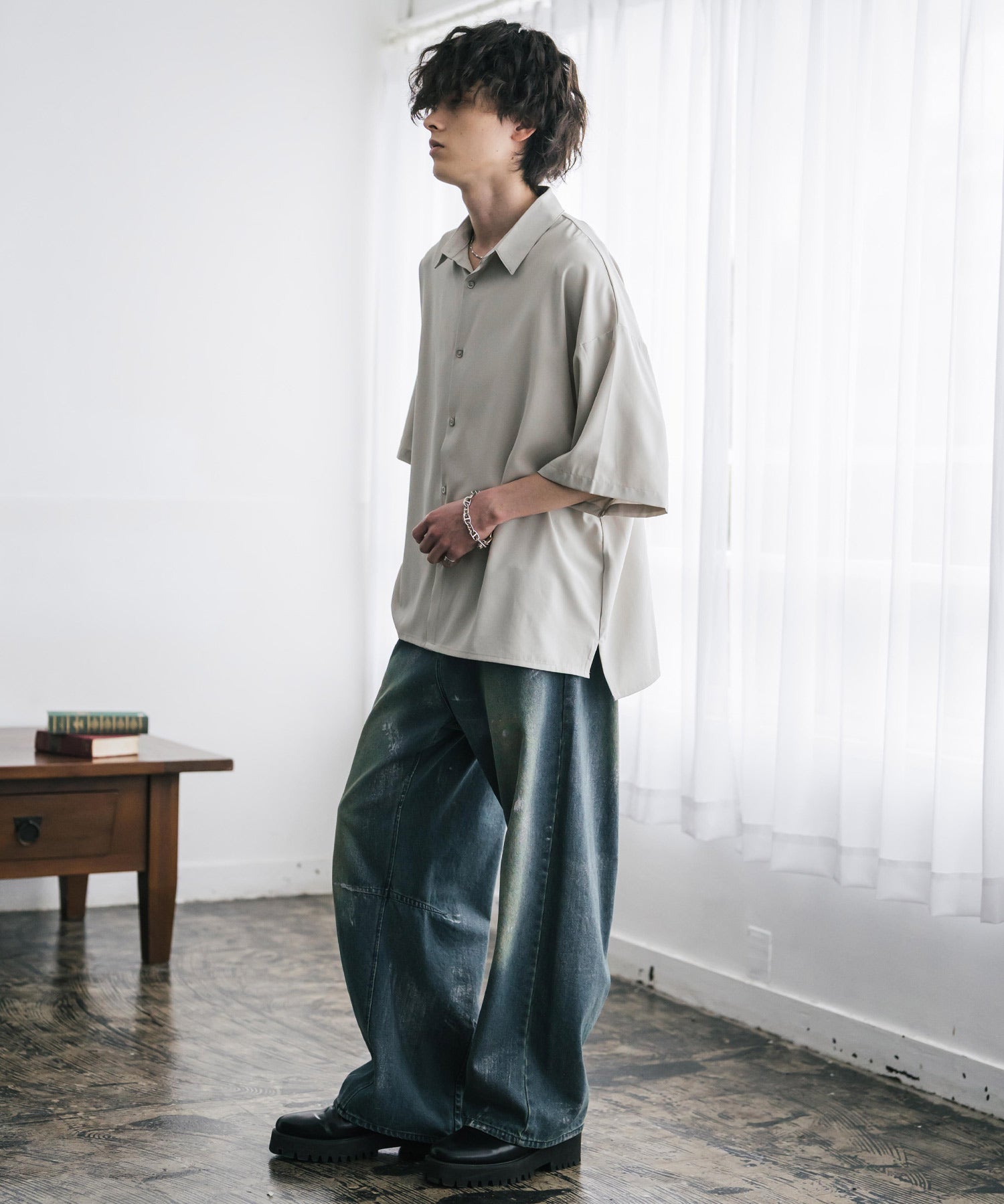 新色追加 接触冷感 オーバーサイズとろみビッグシルエットストレッチレギュラーカラー半袖シャツ 14208