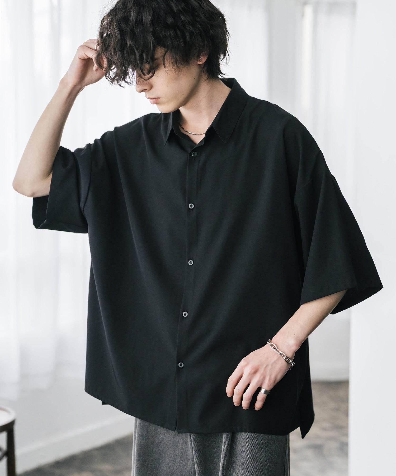 新色追加 接触冷感 オーバーサイズとろみビッグシルエットストレッチレギュラーカラー半袖シャツ 14208