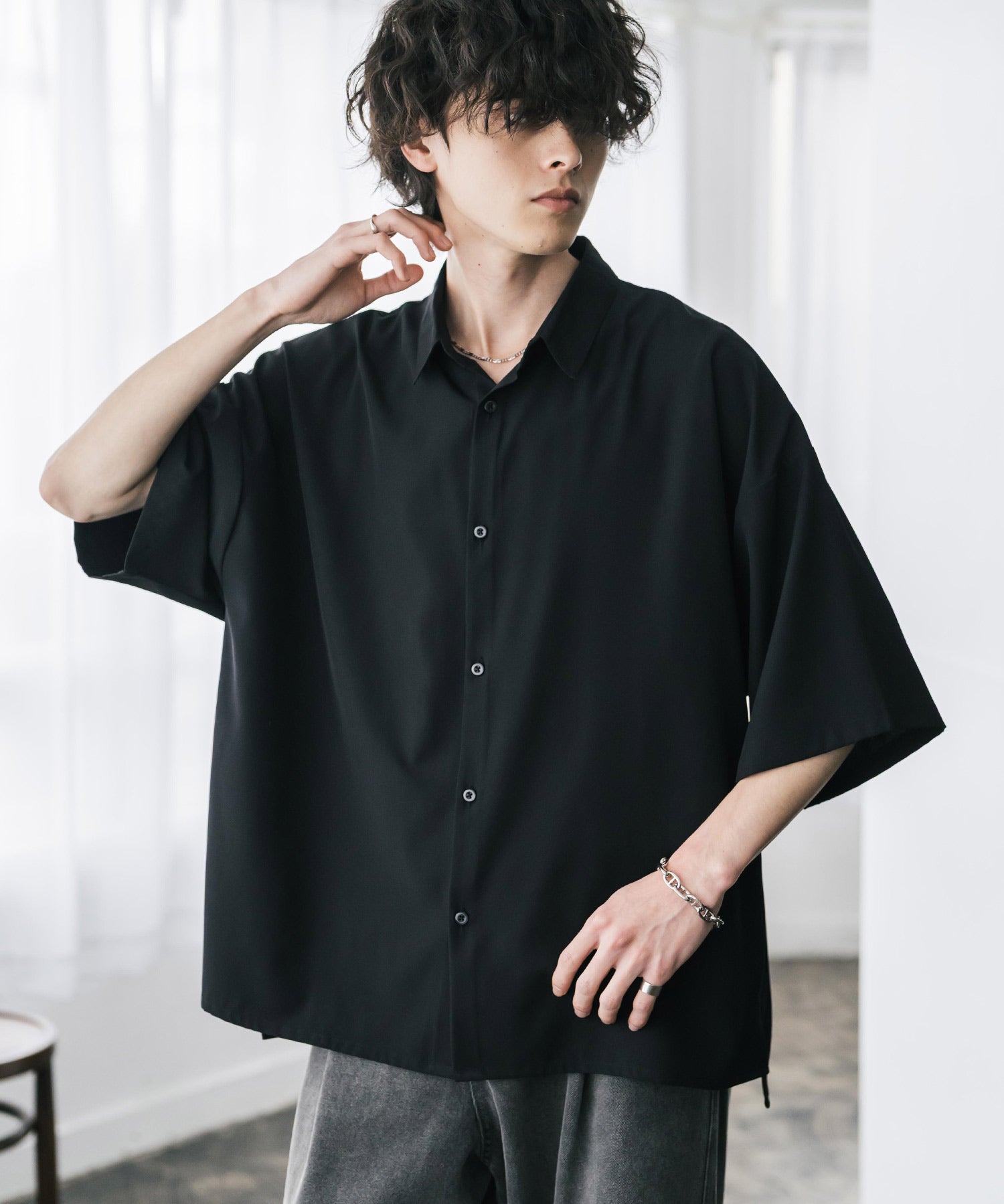 新色追加 接触冷感 オーバーサイズとろみビッグシルエットストレッチレギュラーカラー半袖シャツ 14208