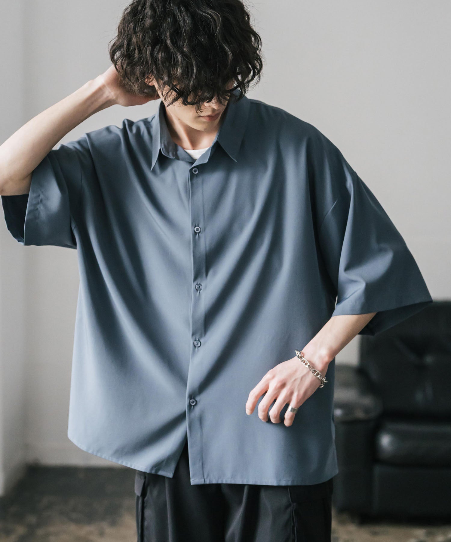 新色追加 接触冷感 オーバーサイズとろみビッグシルエットストレッチレギュラーカラー半袖シャツ 14208