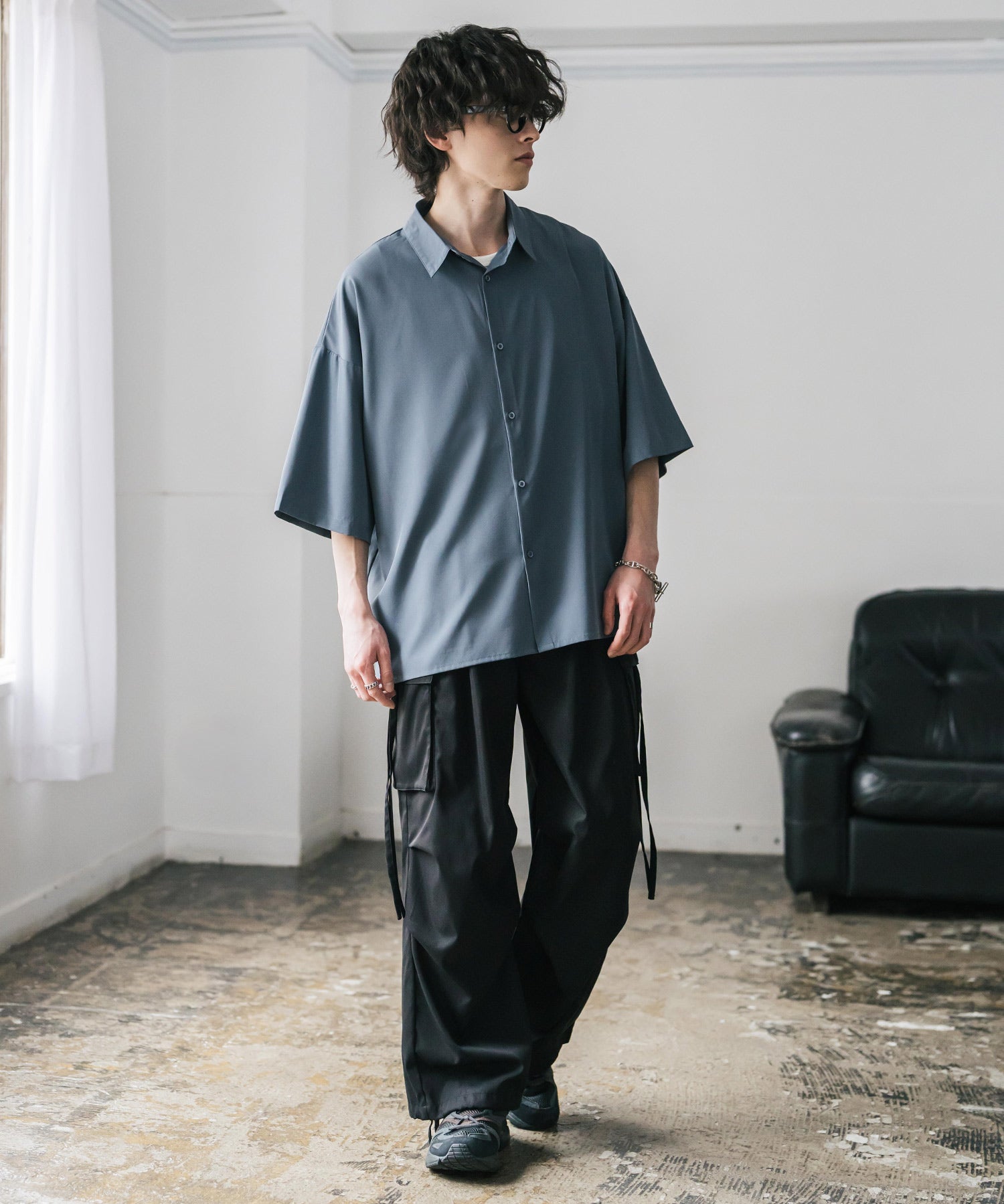 新色追加 接触冷感 オーバーサイズとろみビッグシルエットストレッチレギュラーカラー半袖シャツ 14208