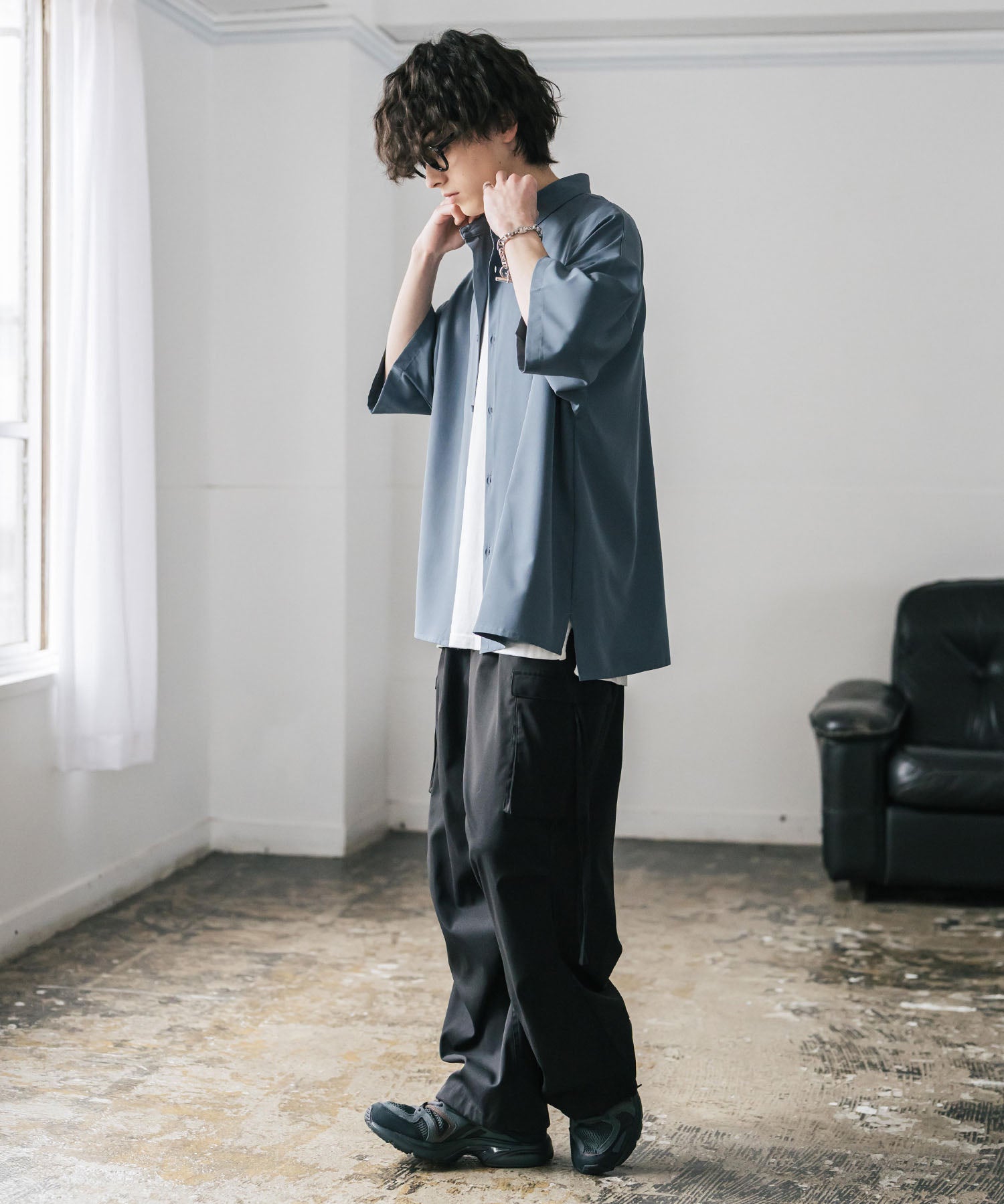 新色追加 接触冷感 オーバーサイズとろみビッグシルエットストレッチレギュラーカラー半袖シャツ 14208