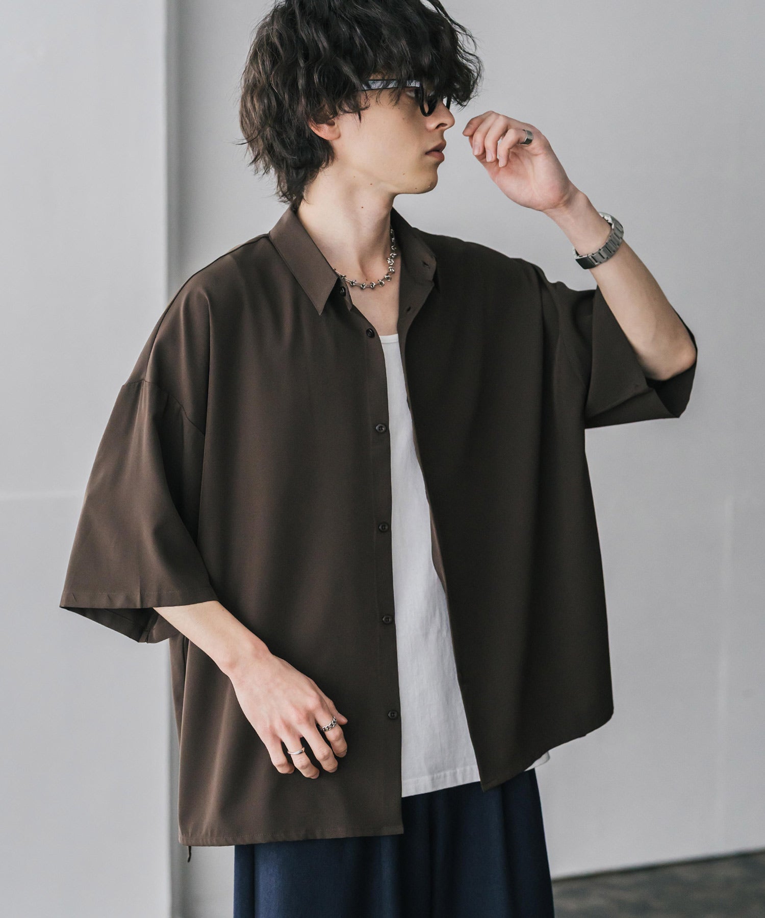 新色追加 接触冷感 オーバーサイズとろみビッグシルエットストレッチレギュラーカラー半袖シャツ 14208