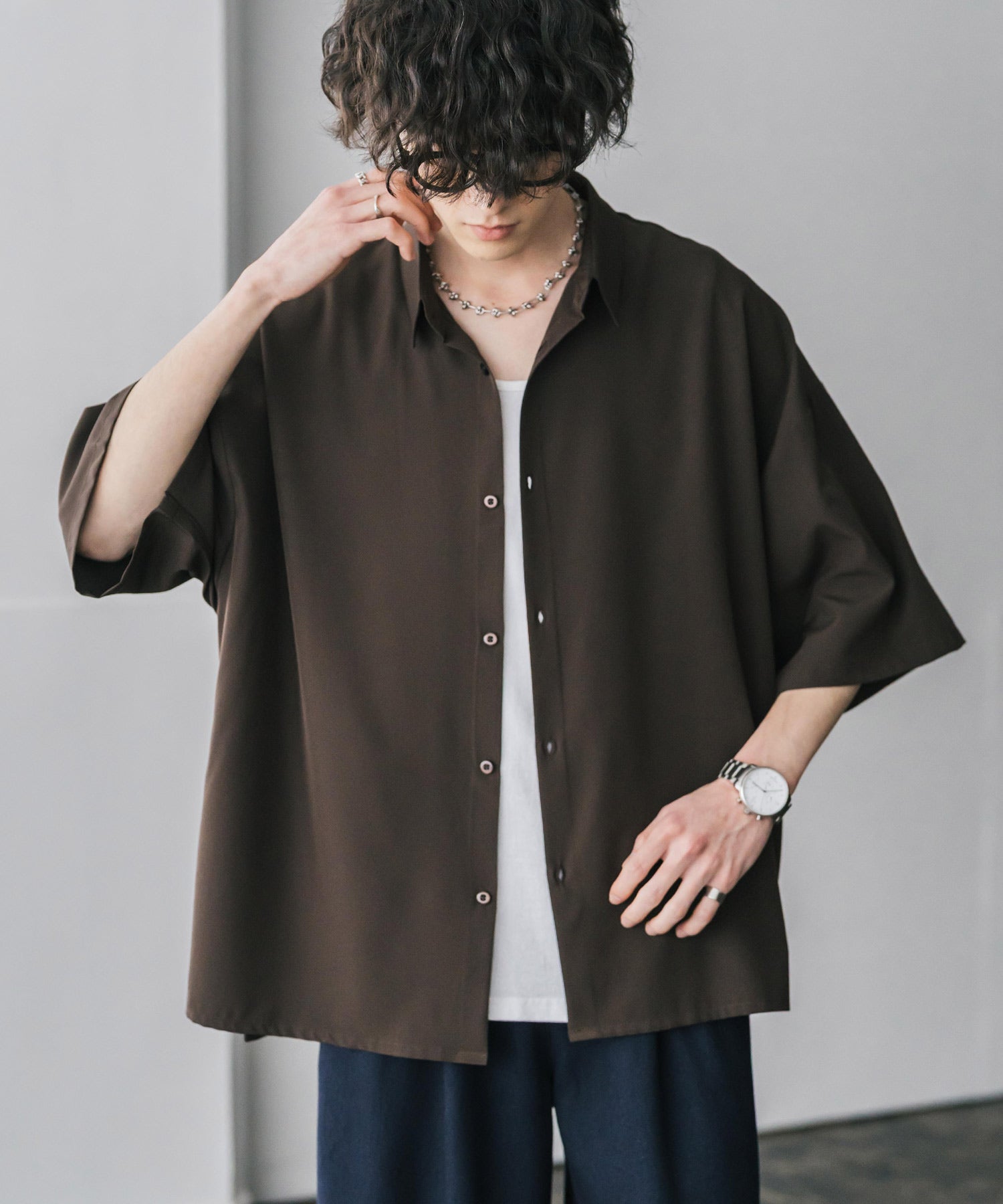 新色追加 接触冷感 オーバーサイズとろみビッグシルエットストレッチレギュラーカラー半袖シャツ 14208