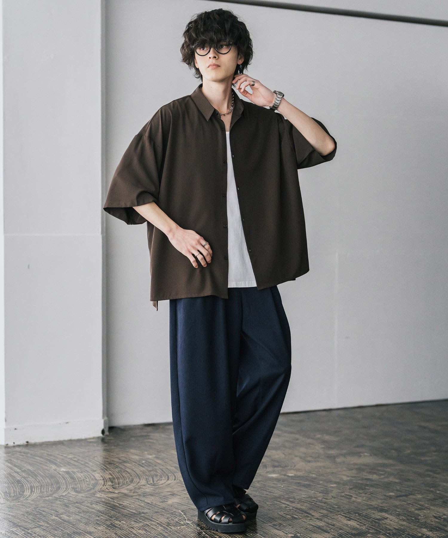 新色追加 接触冷感 オーバーサイズとろみビッグシルエットストレッチレギュラーカラー半袖シャツ 14208