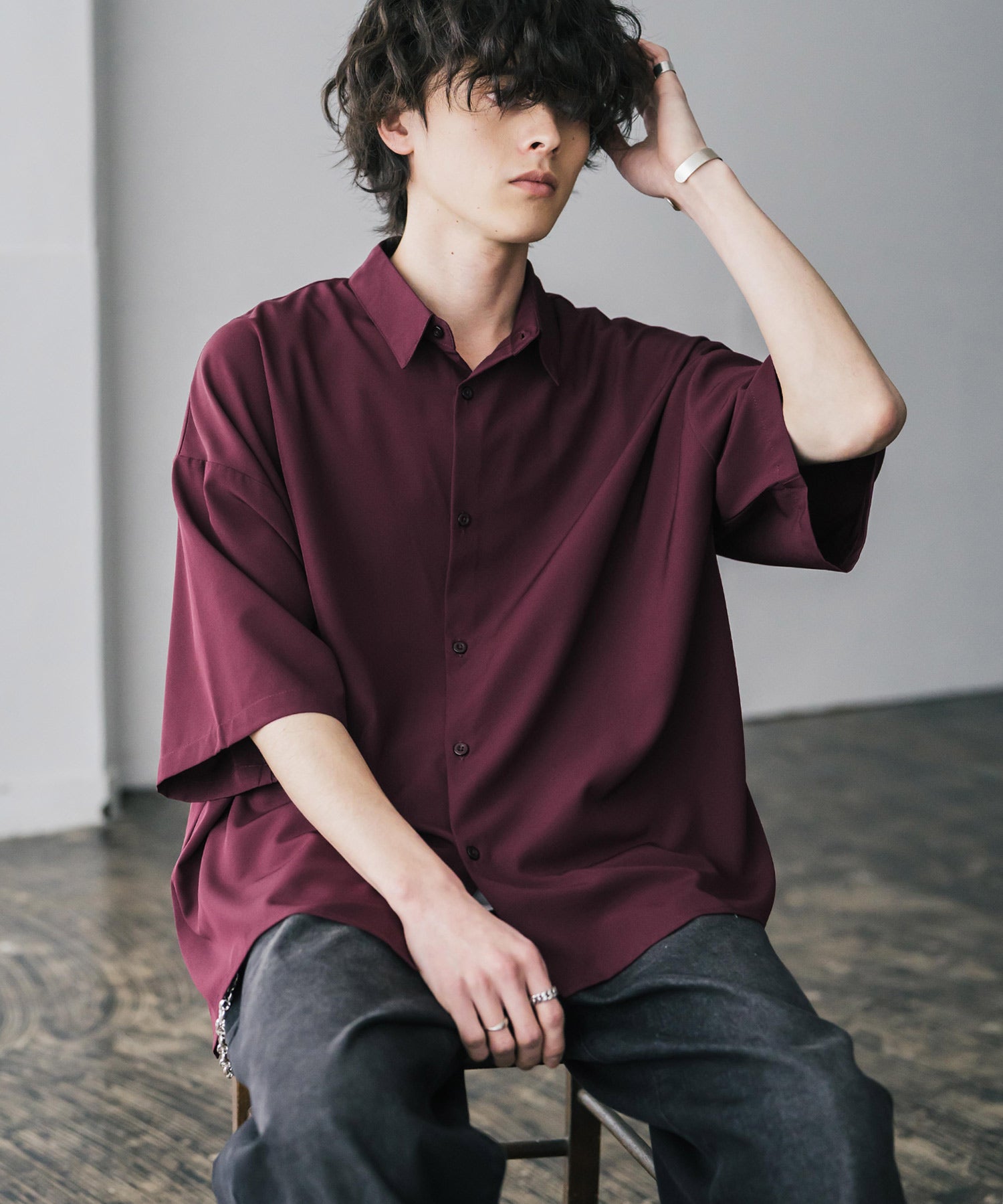 新色追加 接触冷感 オーバーサイズとろみビッグシルエットストレッチレギュラーカラー半袖シャツ 14208