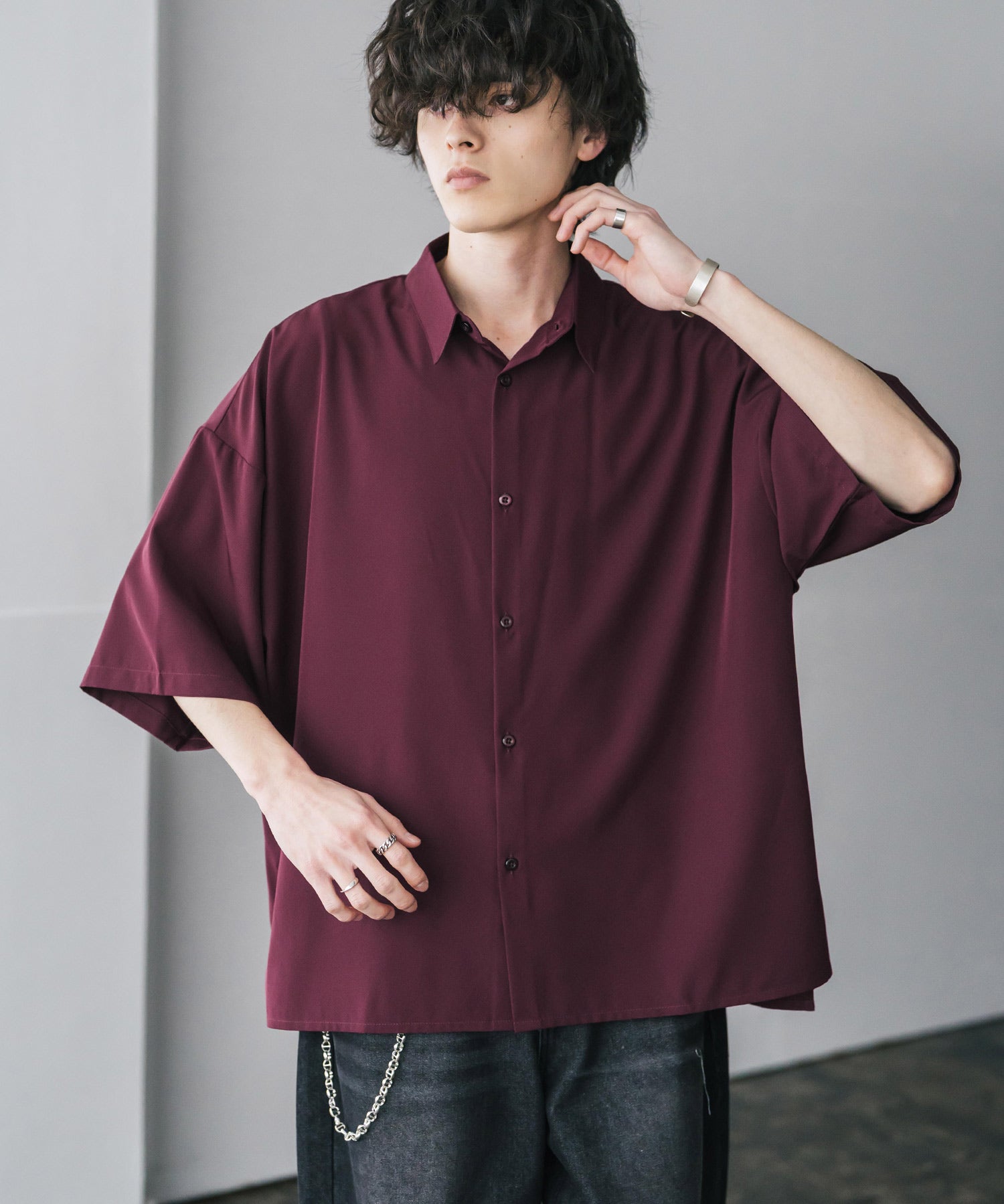 新色追加 接触冷感 オーバーサイズとろみビッグシルエットストレッチレギュラーカラー半袖シャツ 14208