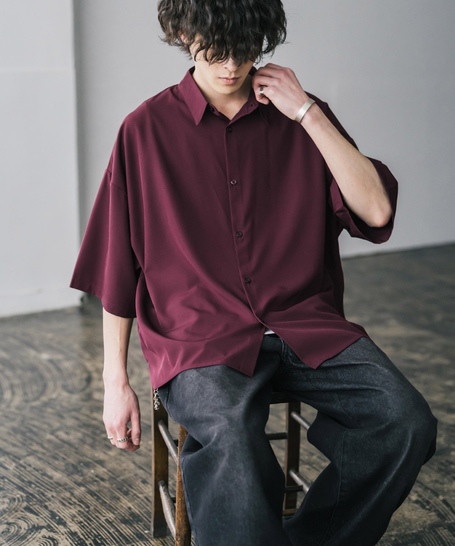 新色追加 接触冷感 オーバーサイズとろみビッグシルエットストレッチレギュラーカラー半袖シャツ 14208