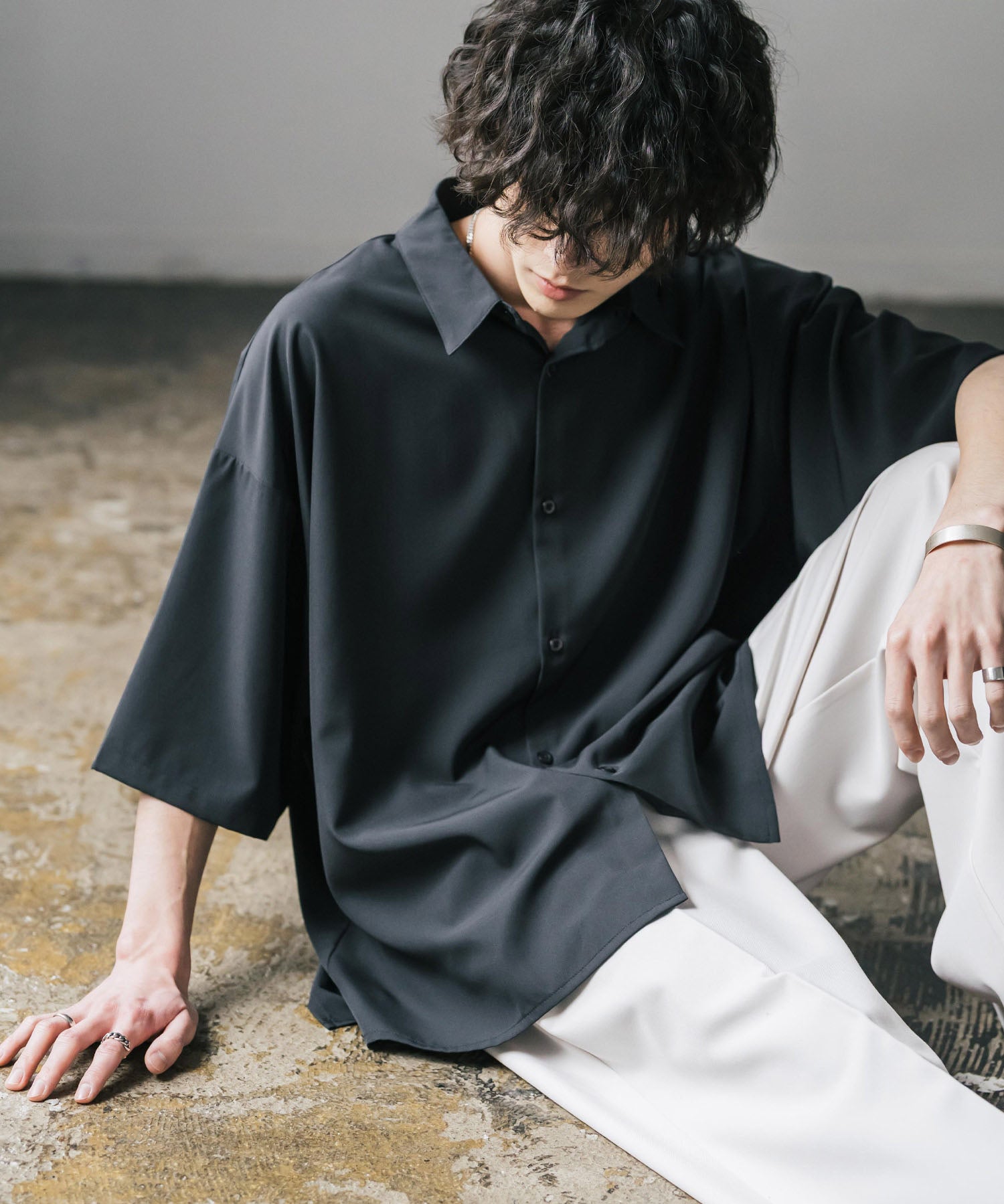 新色追加 接触冷感 オーバーサイズとろみビッグシルエットストレッチレギュラーカラー半袖シャツ 14208