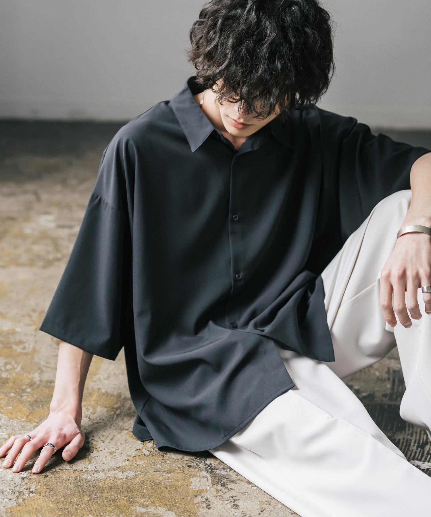 新色追加 接触冷感 オーバーサイズとろみビッグシルエットストレッチレギュラーカラー半袖シャツ 14208