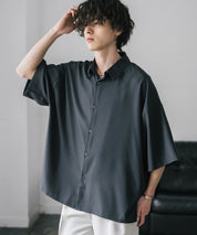 新色追加 接触冷感 オーバーサイズとろみビッグシルエットストレッチレギュラーカラー半袖シャツ 14208