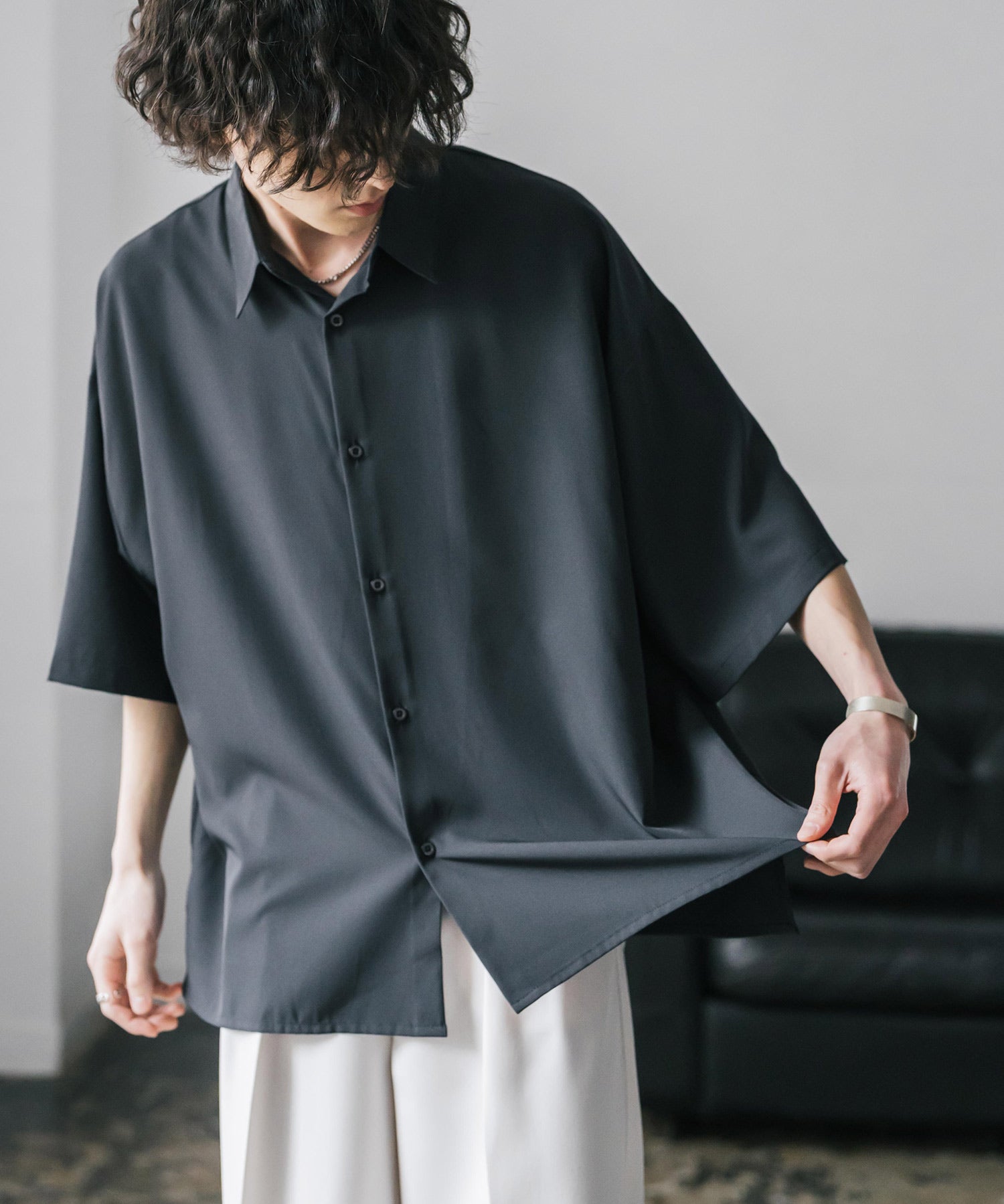 新色追加 接触冷感 オーバーサイズとろみビッグシルエットストレッチレギュラーカラー半袖シャツ 14208