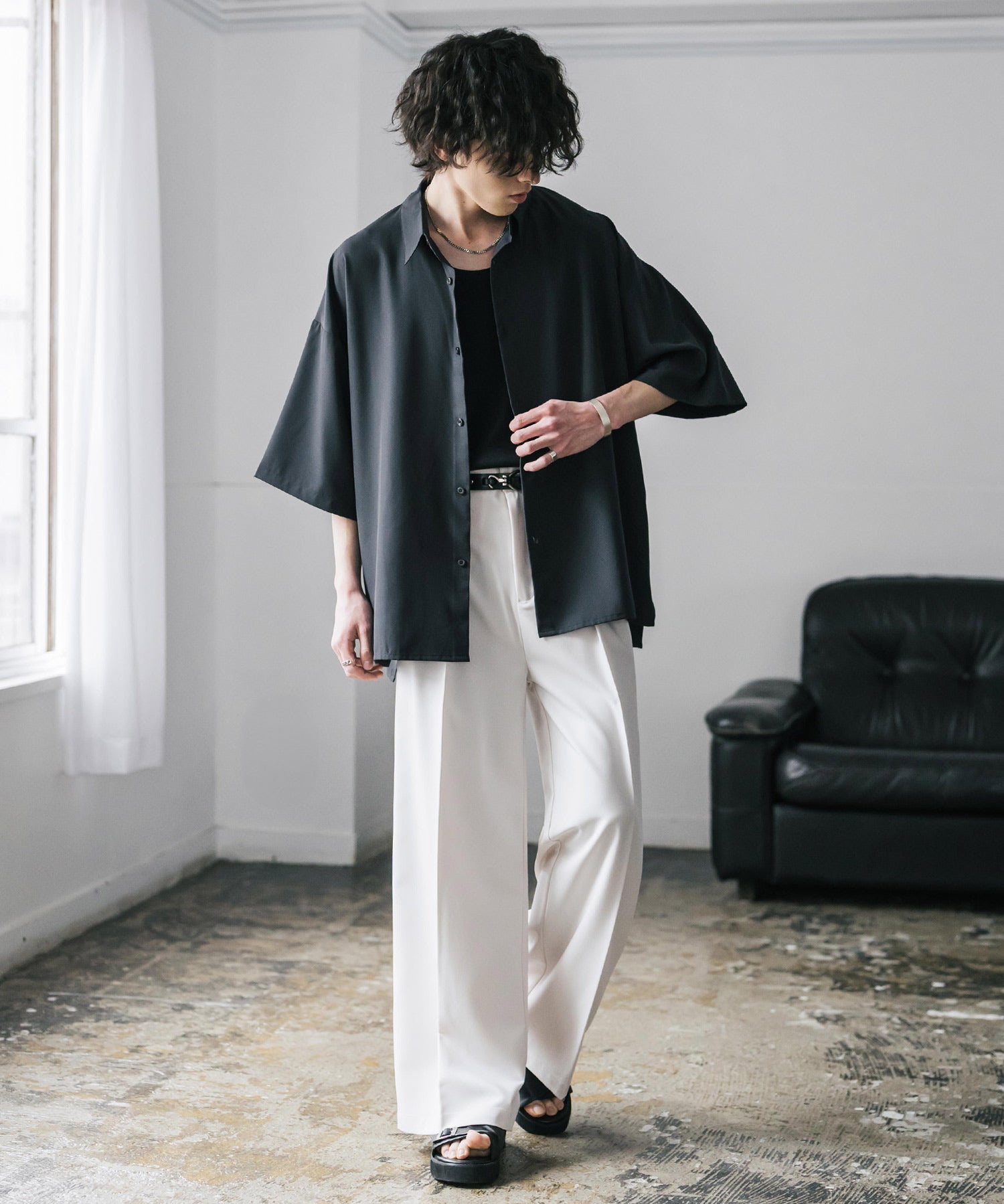 新色追加 接触冷感 オーバーサイズとろみビッグシルエットストレッチレギュラーカラー半袖シャツ 14208