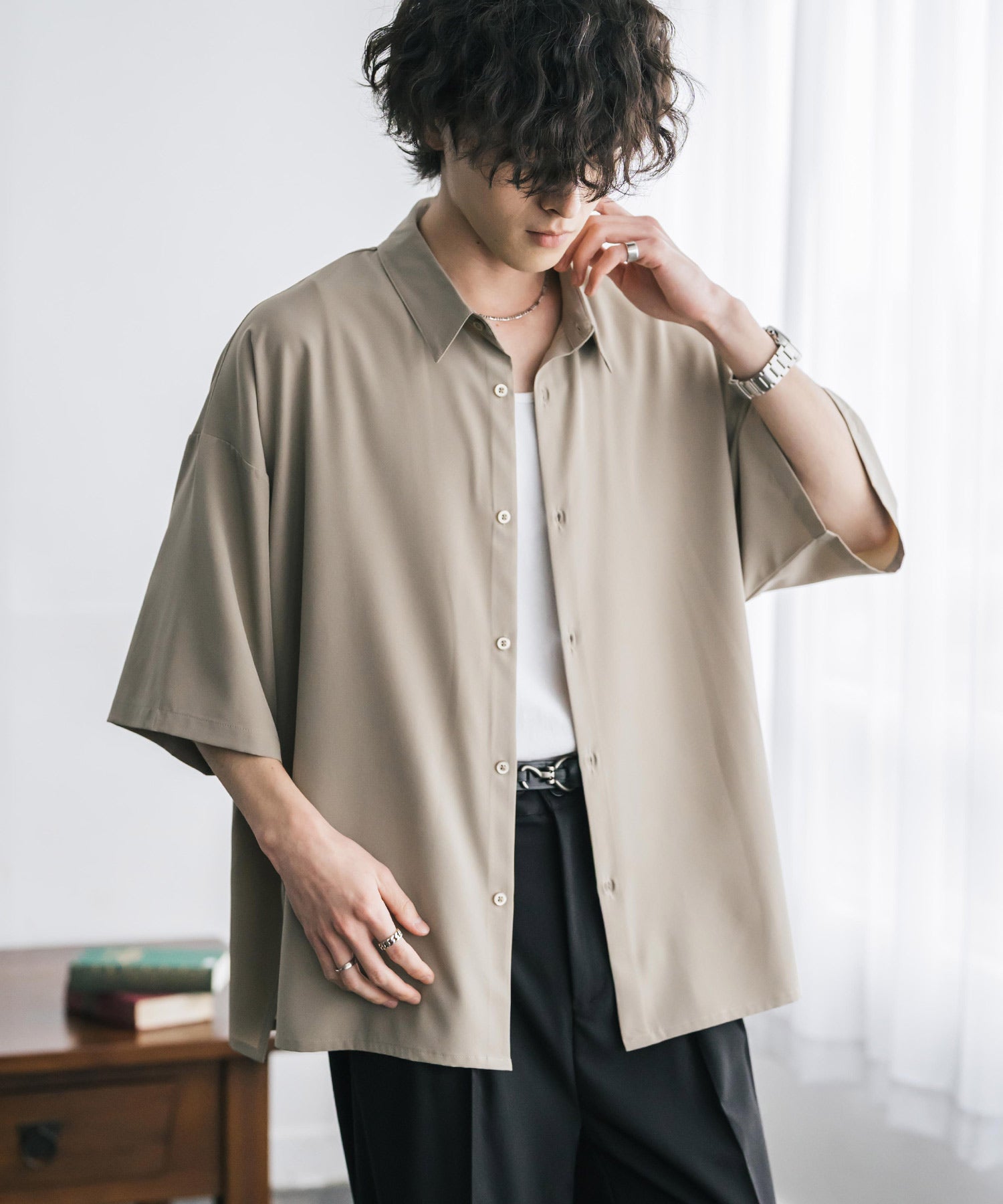 新色追加 接触冷感 オーバーサイズとろみビッグシルエットストレッチレギュラーカラー半袖シャツ 14208