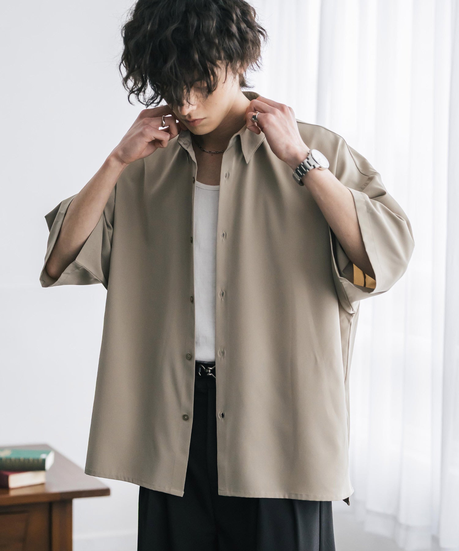 新色追加 接触冷感 オーバーサイズとろみビッグシルエットストレッチレギュラーカラー半袖シャツ 14208