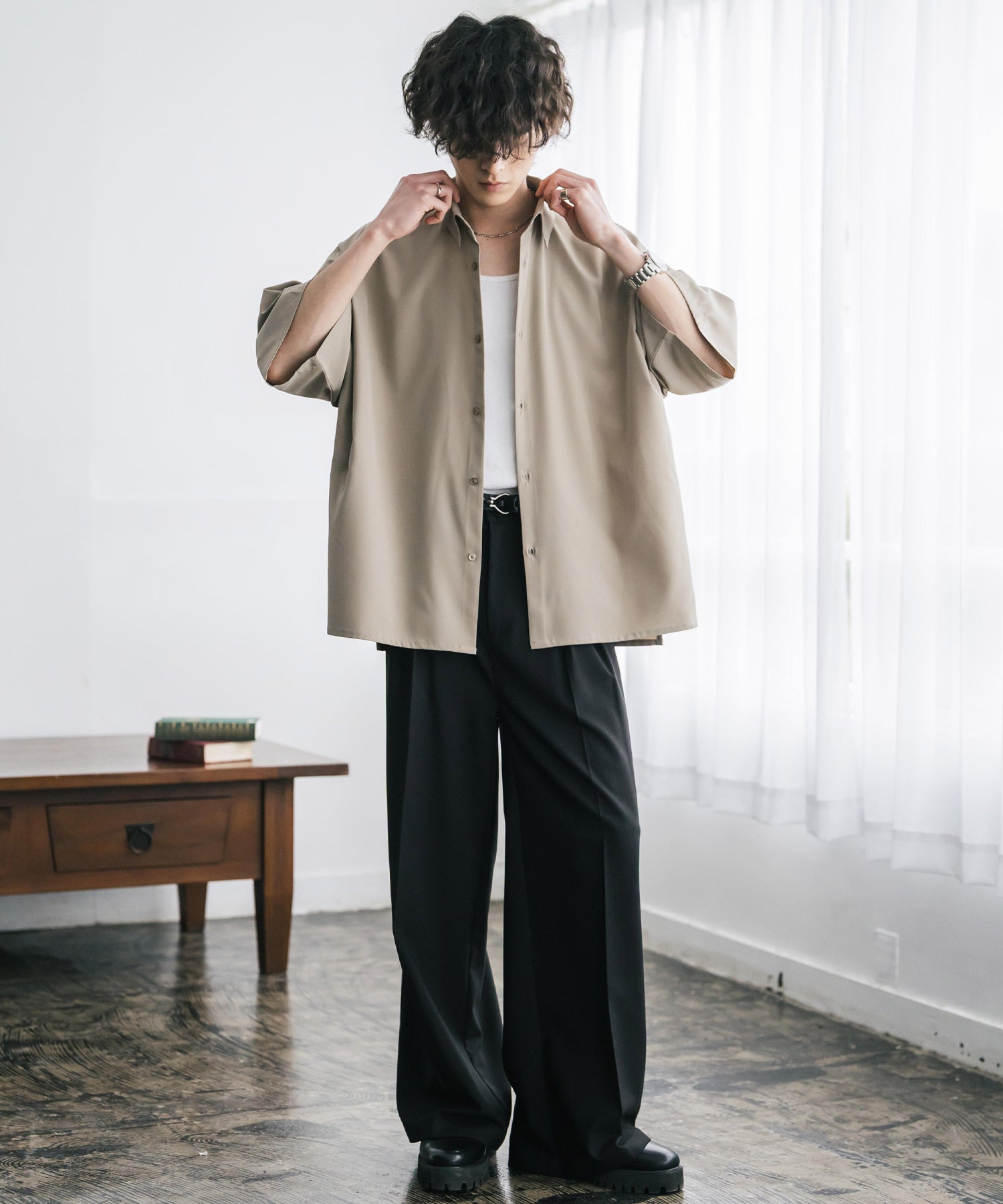 新色追加 接触冷感 オーバーサイズとろみビッグシルエットストレッチレギュラーカラー半袖シャツ 14208