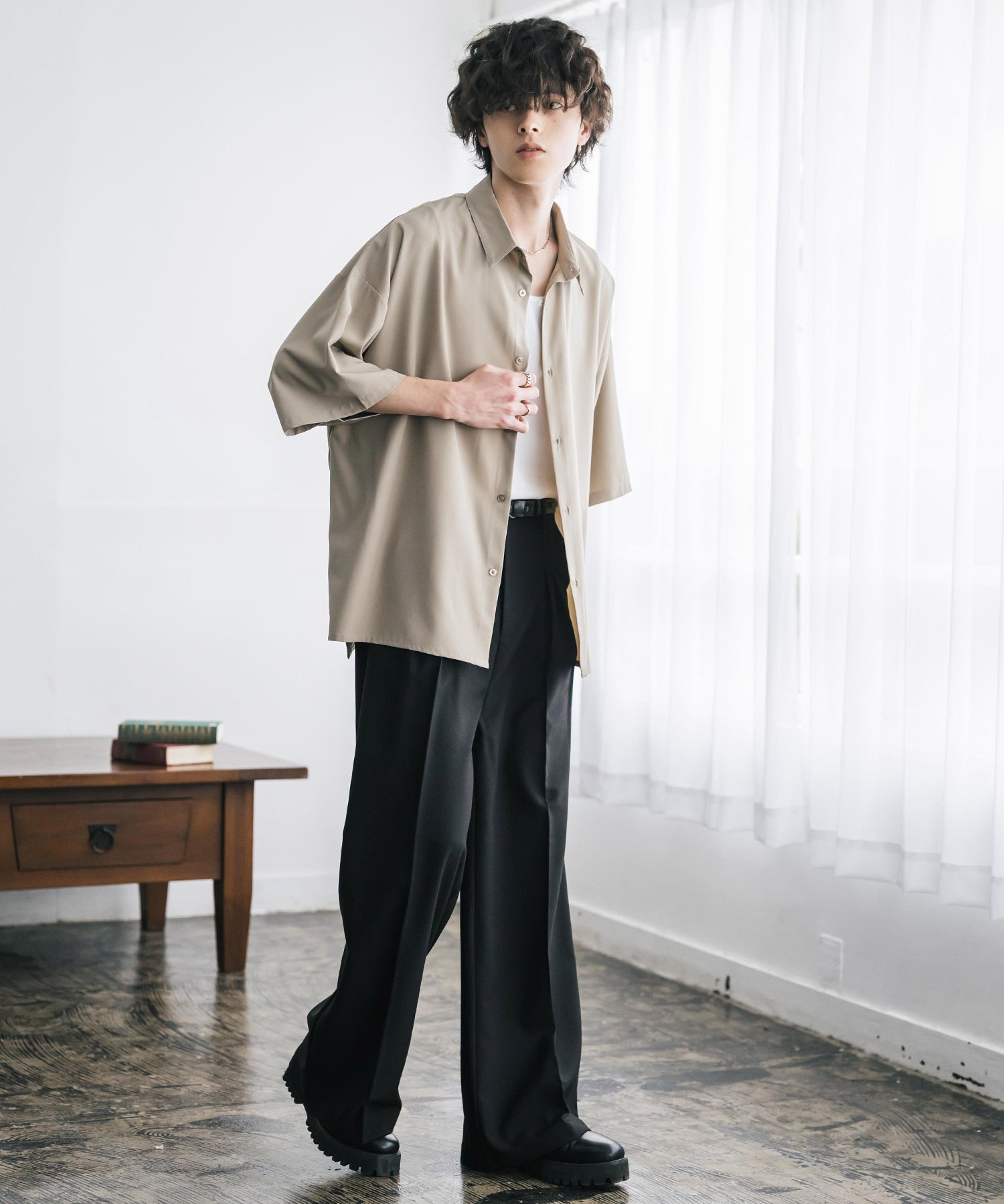 新色追加 接触冷感 オーバーサイズとろみビッグシルエットストレッチレギュラーカラー半袖シャツ 14208