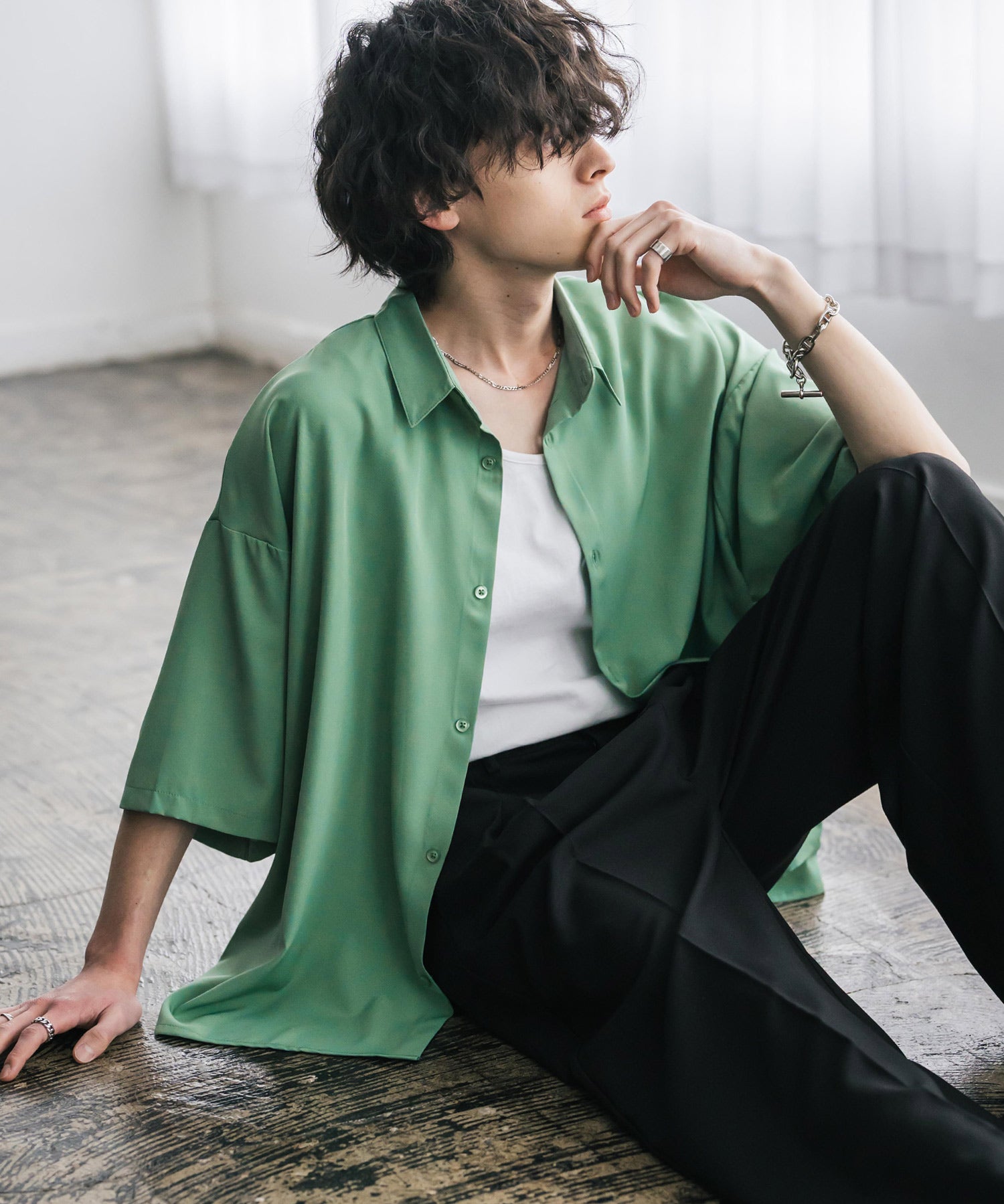 新色追加 接触冷感 オーバーサイズとろみビッグシルエットストレッチレギュラーカラー半袖シャツ 14208