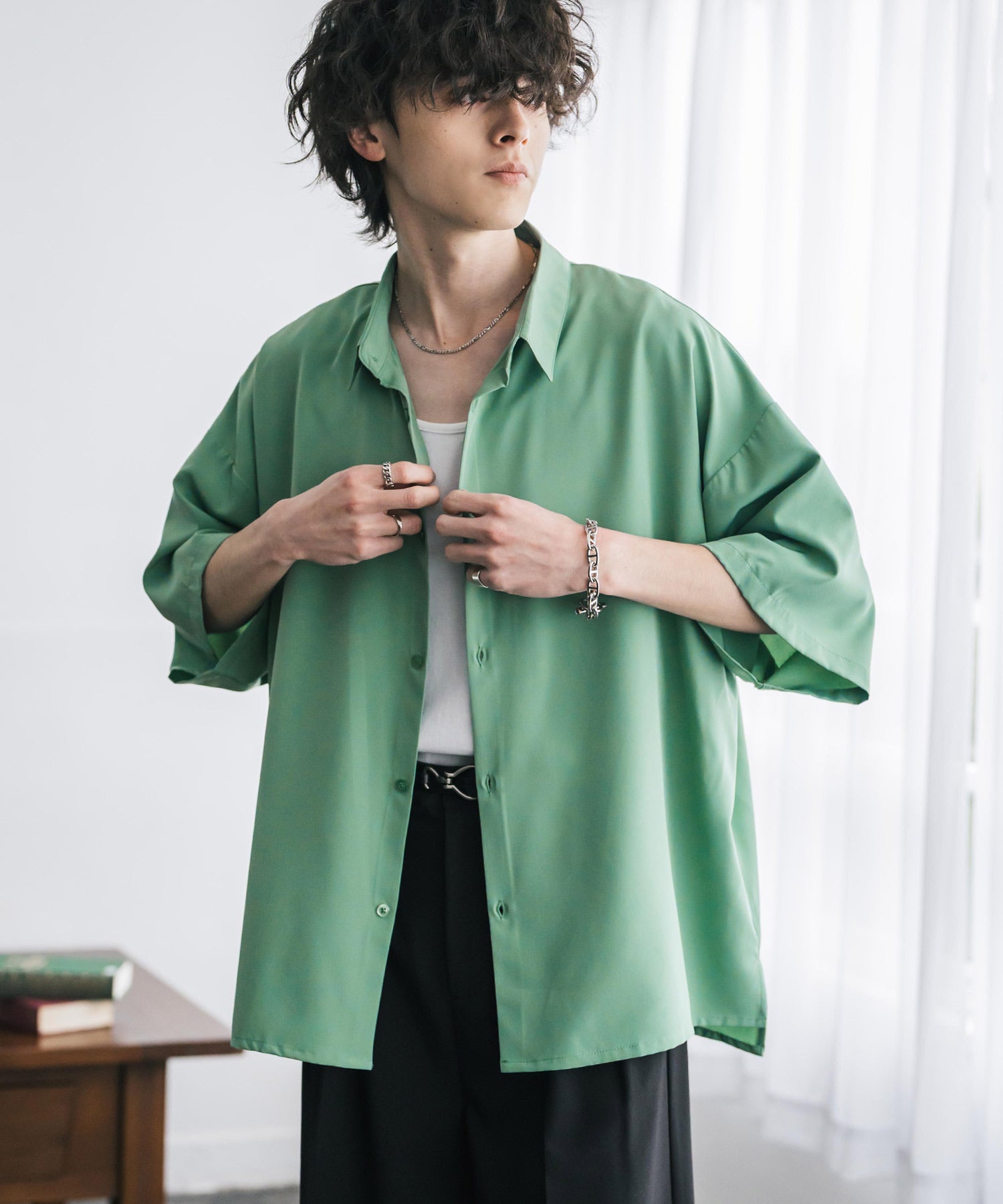 新色追加 接触冷感 オーバーサイズとろみビッグシルエットストレッチレギュラーカラー半袖シャツ 14208