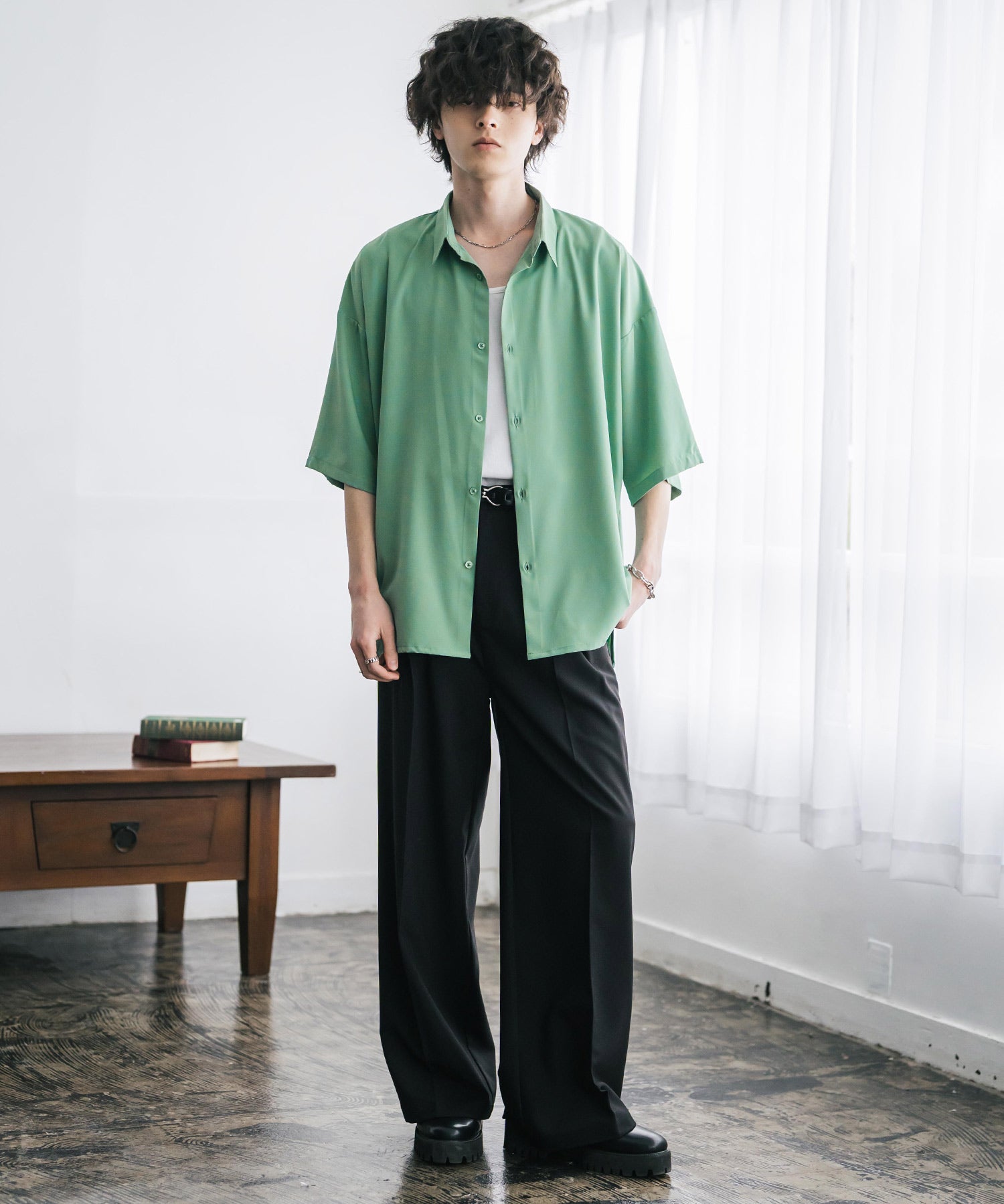 新色追加 接触冷感 オーバーサイズとろみビッグシルエットストレッチレギュラーカラー半袖シャツ 14208