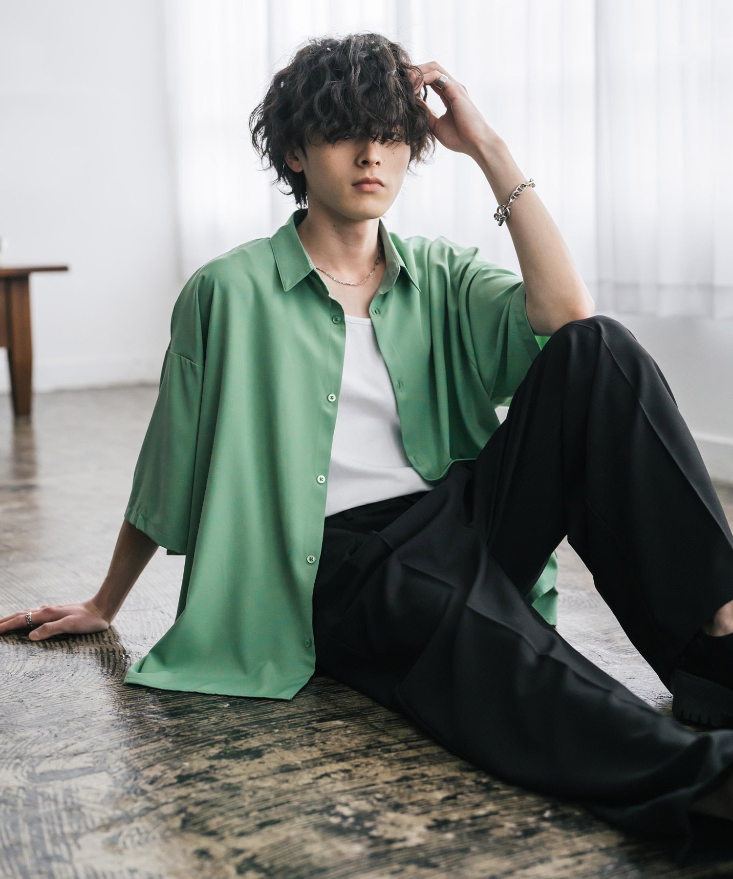 新色追加 接触冷感 オーバーサイズとろみビッグシルエットストレッチレギュラーカラー半袖シャツ 14208