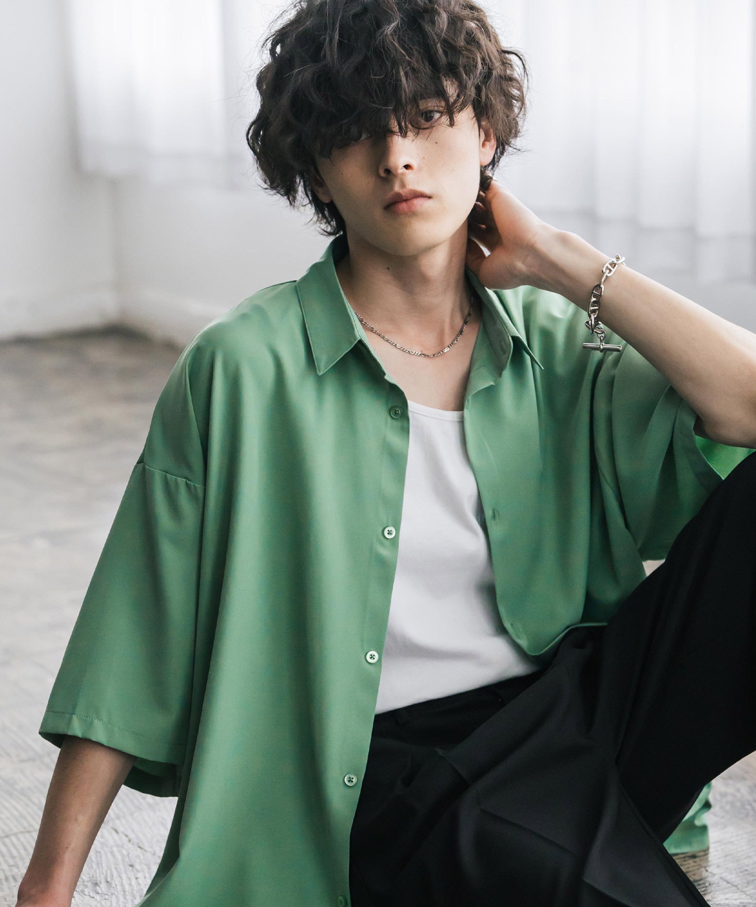 新色追加 接触冷感 オーバーサイズとろみビッグシルエットストレッチレギュラーカラー半袖シャツ 14208