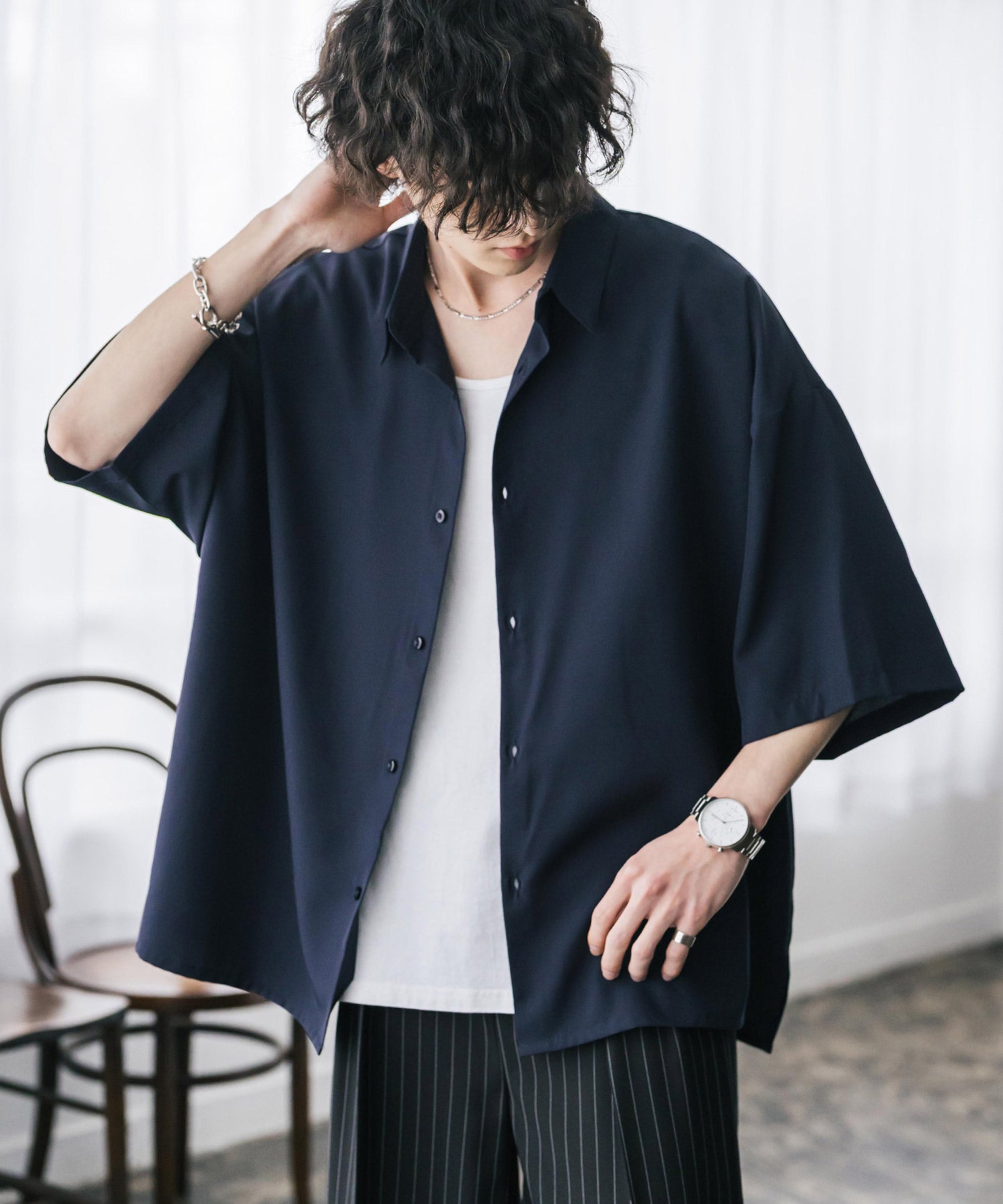 新色追加 接触冷感 オーバーサイズとろみビッグシルエットストレッチレギュラーカラー半袖シャツ 14208