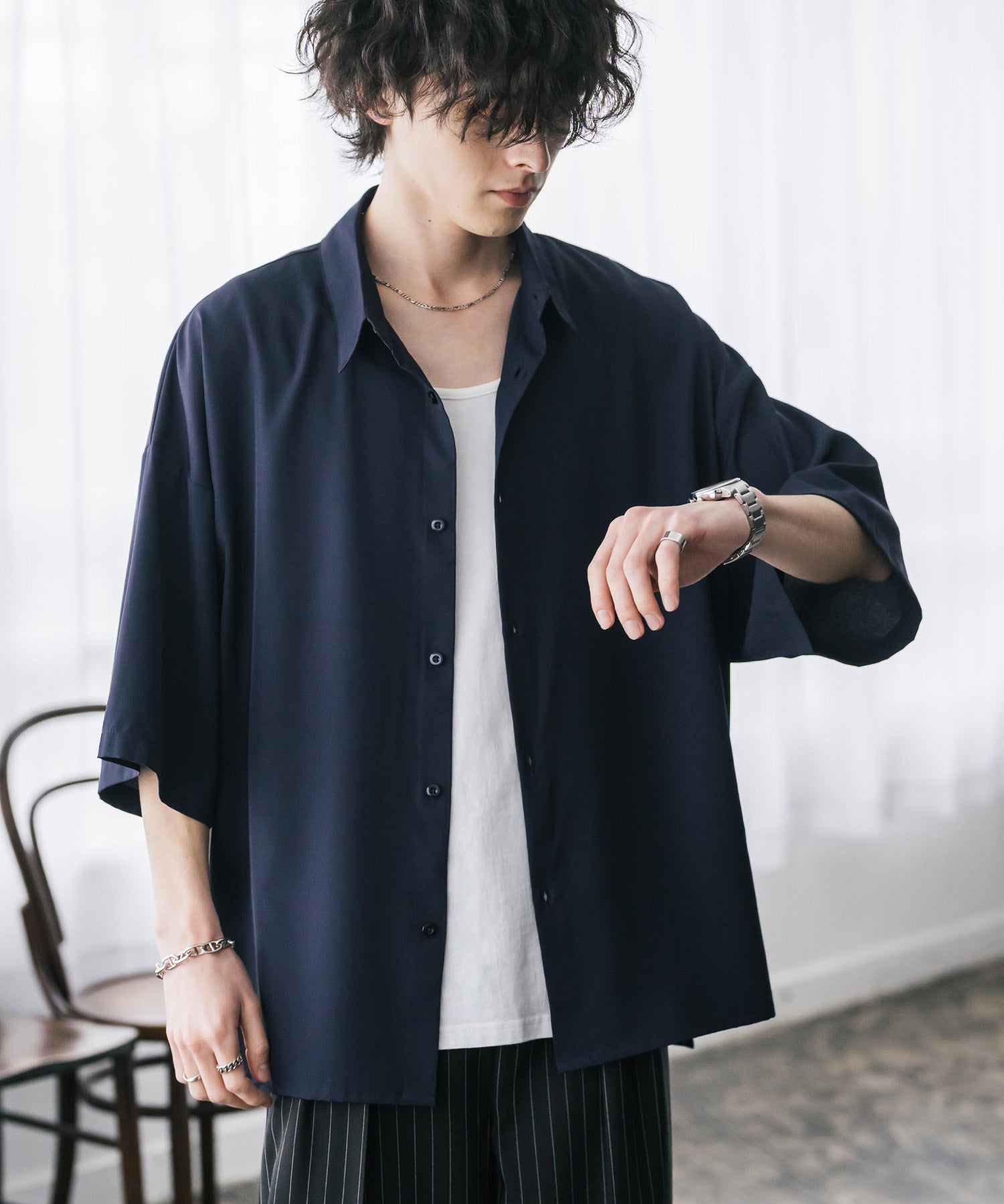 新色追加 接触冷感 オーバーサイズとろみビッグシルエットストレッチレギュラーカラー半袖シャツ 14208