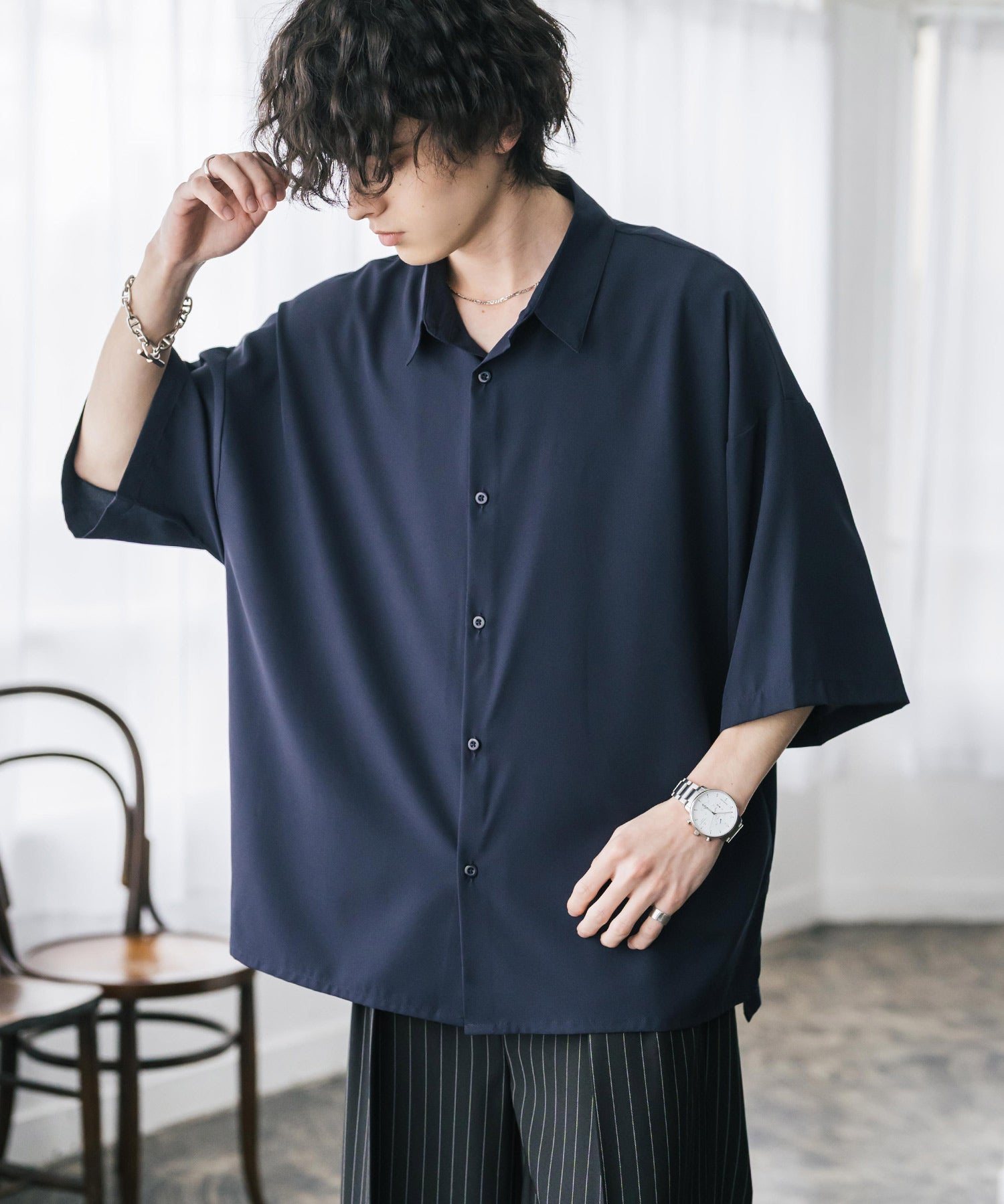 新色追加 接触冷感 オーバーサイズとろみビッグシルエットストレッチレギュラーカラー半袖シャツ 14208