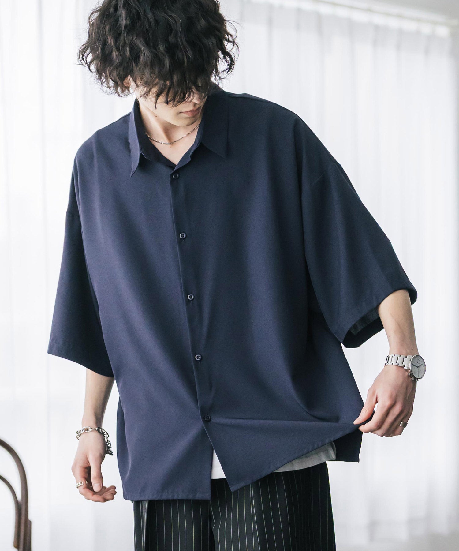 新色追加 接触冷感 オーバーサイズとろみビッグシルエットストレッチレギュラーカラー半袖シャツ 14208